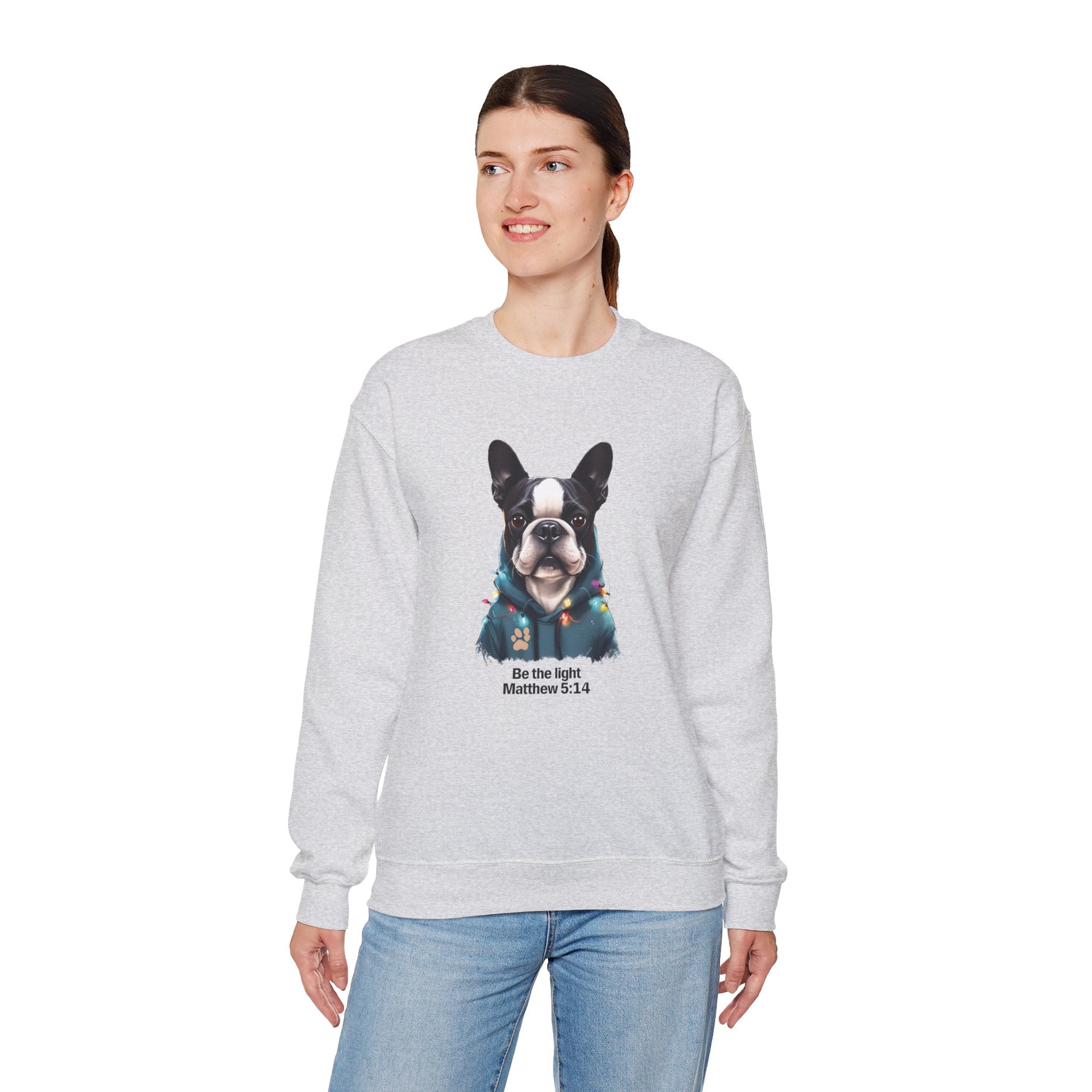 Be the Light Boston Terrier Christmas Gildan Sweatshirt | Christian Unisex Crewneck