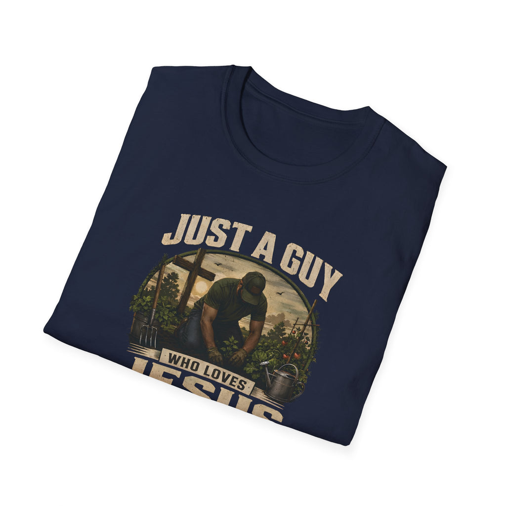 Just A Guy Who Loves Jesus And Gardening Gildan Christian T-Shirt for Men | Faith Based Gardening Shirt | Gardener Gift Tee