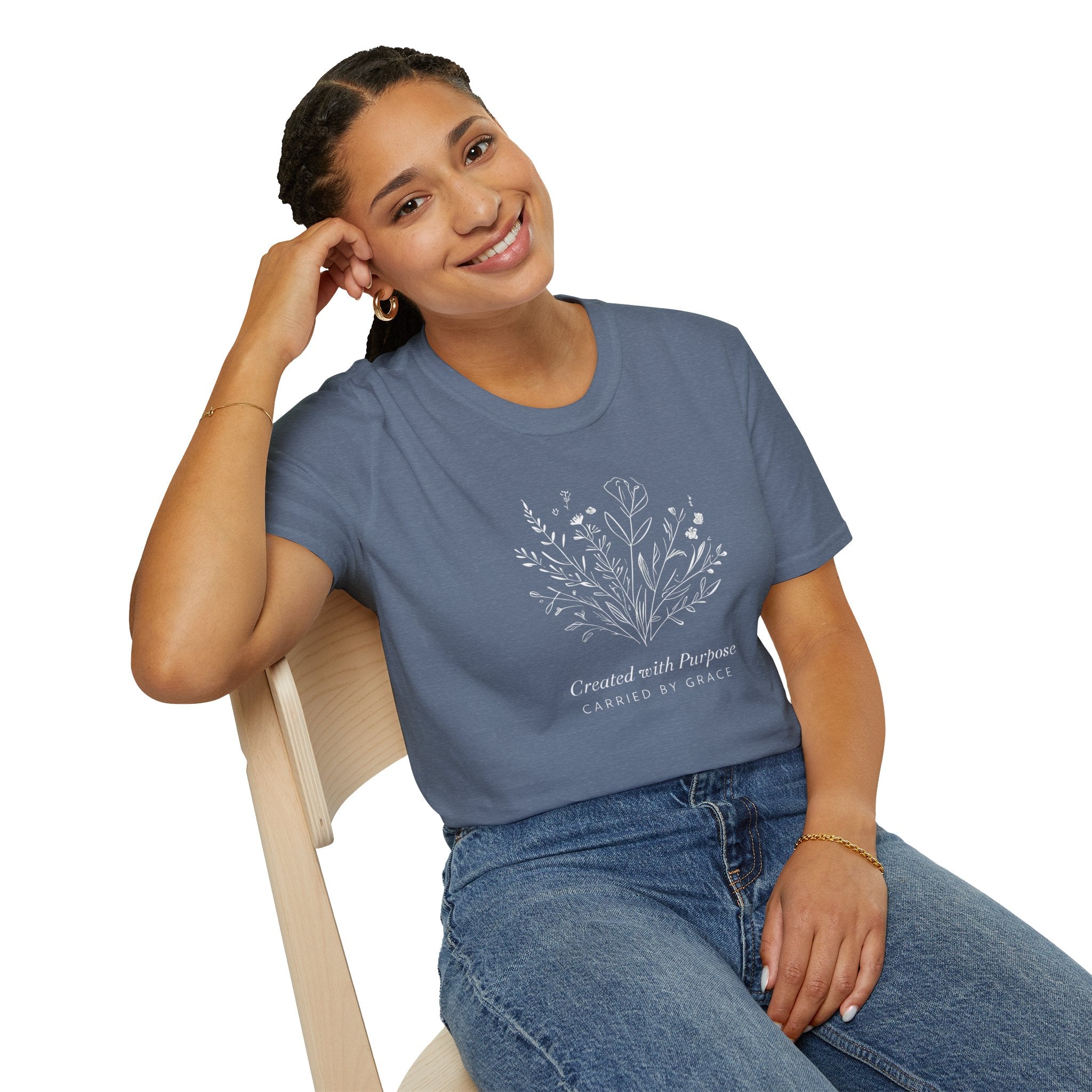 Created with Purpose Carried By Grace Christian Floral Gildan T-Shirt Women’s Faith Shirt Minimalist Design Soft Cotton Tee