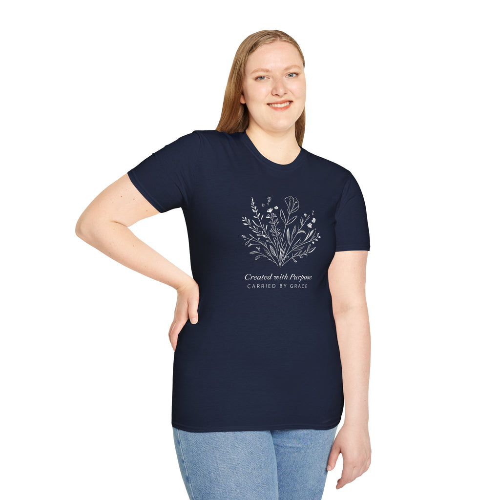 Created with Purpose Carried By Grace Christian Floral Gildan T-Shirt Women’s Faith Shirt Minimalist Design Soft Cotton Tee