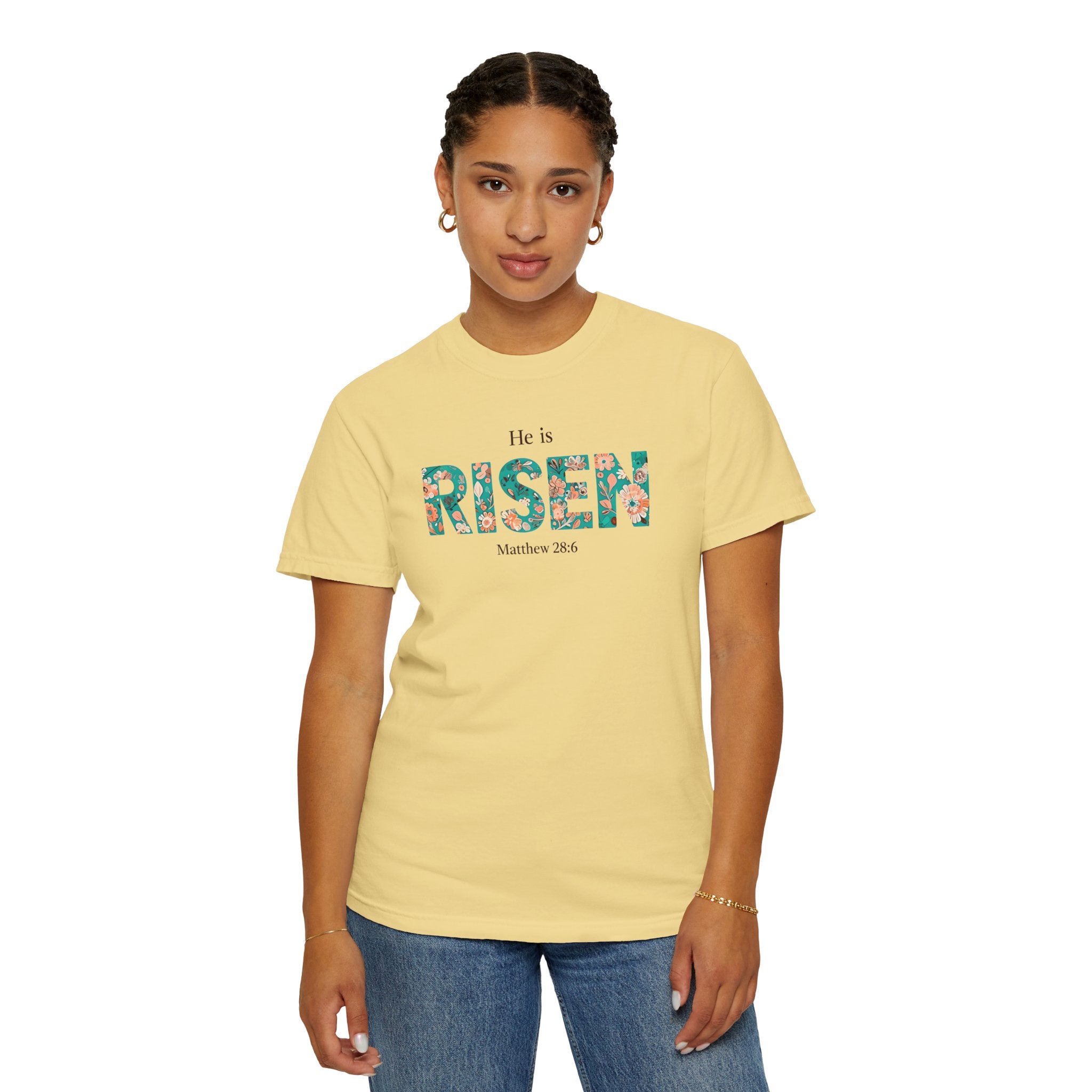 He is RISEN Christian T-Shirt | Easter Women’s Faith Shirt | Scripture Tee Matthew 28:6 | Floral Graphic | Garment-Dyed Cotton | S-4XL