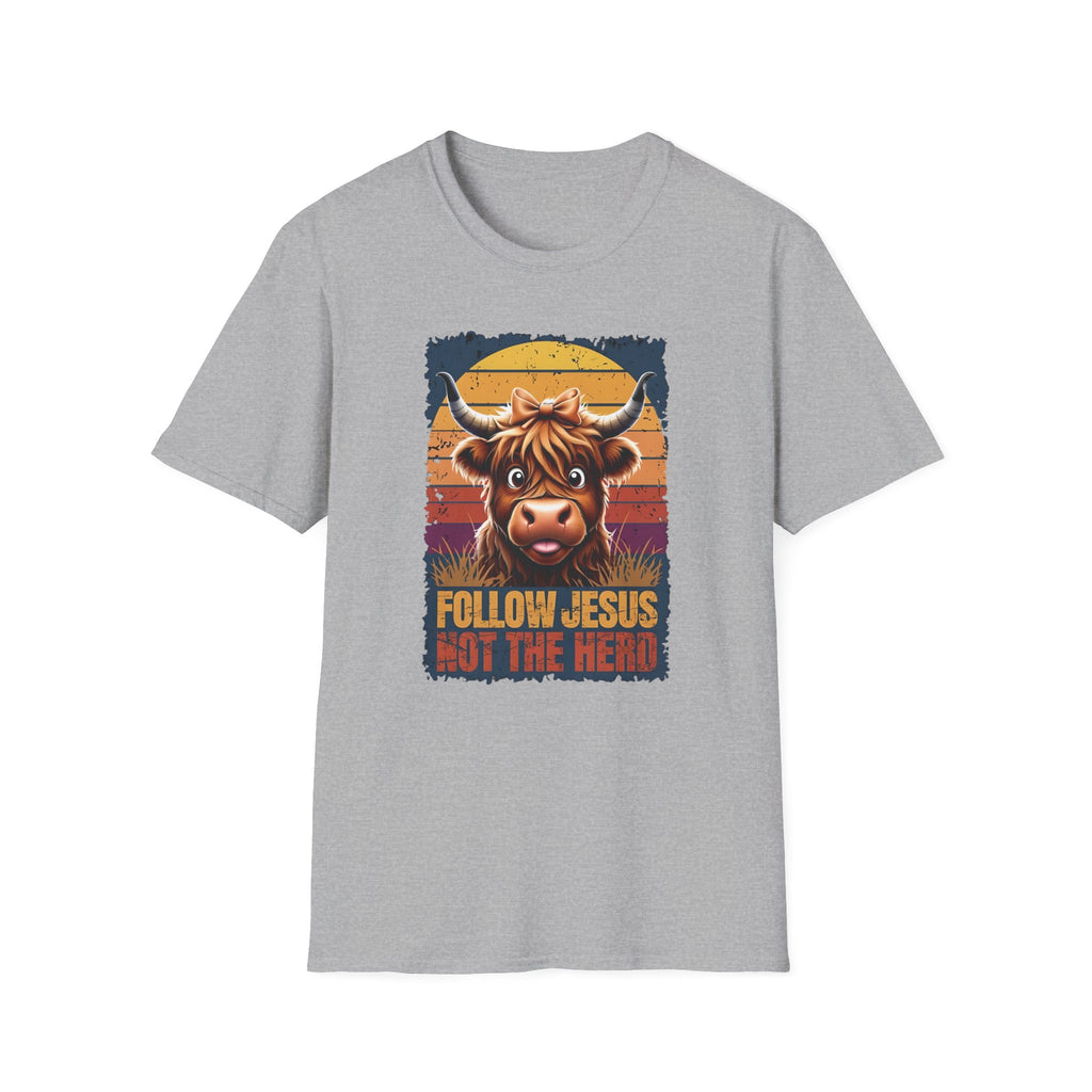 Follow Jesus Not The Herd Gildan Softstyle Unisex Tshirt | Highland Cow Christian Graphic T Shirt