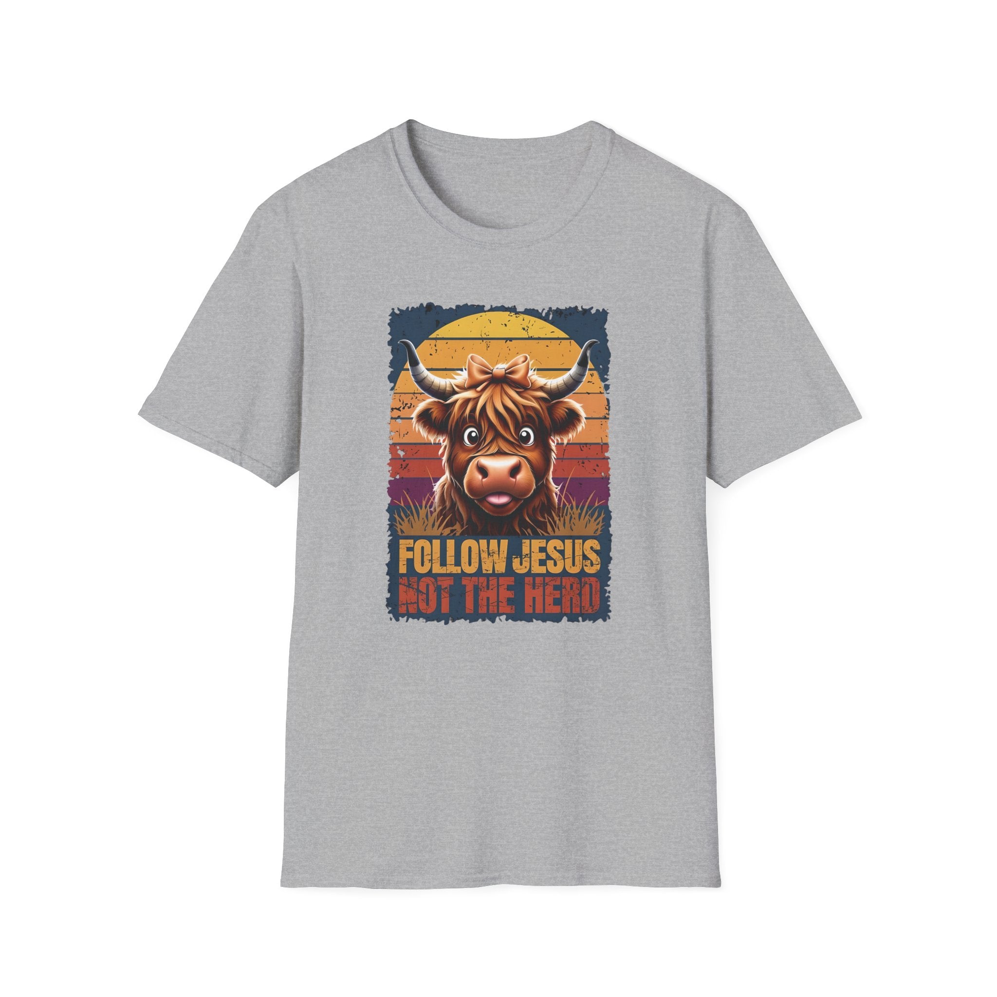 Follow Jesus Not The Herd Gildan Softstyle Unisex Tshirt | Highland Cow Christian Graphic T Shirt