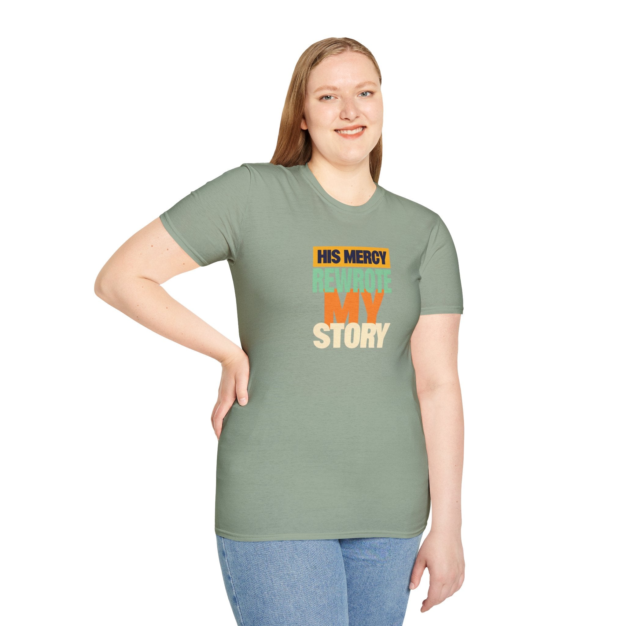 His Mercy Rewrote My Story Christian Gildan T-Shirt Unisex Softstyle Religious Tee Gift