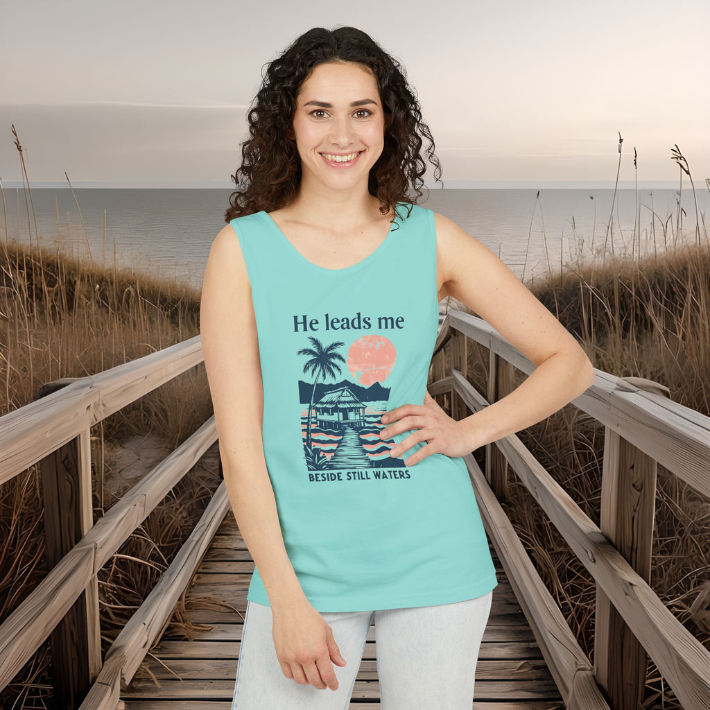 He Leads Me Beside Still Water Unisex Comfort Colors Tank Top | Psalms 23 | Christian Gift