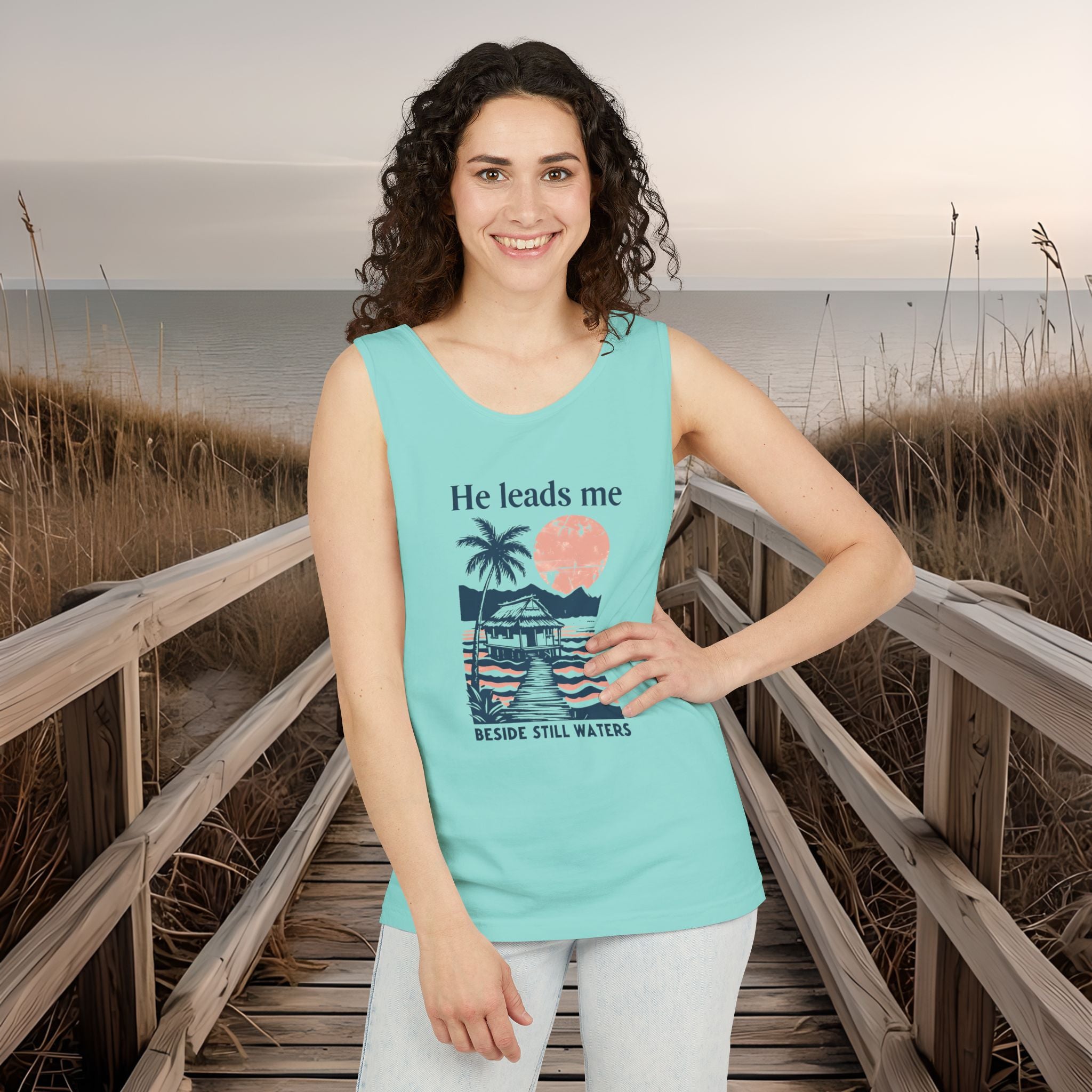 He Leads Me Beside Still Water Unisex Comfort Colors Tank Top | Psalms 23 | Christian Gift