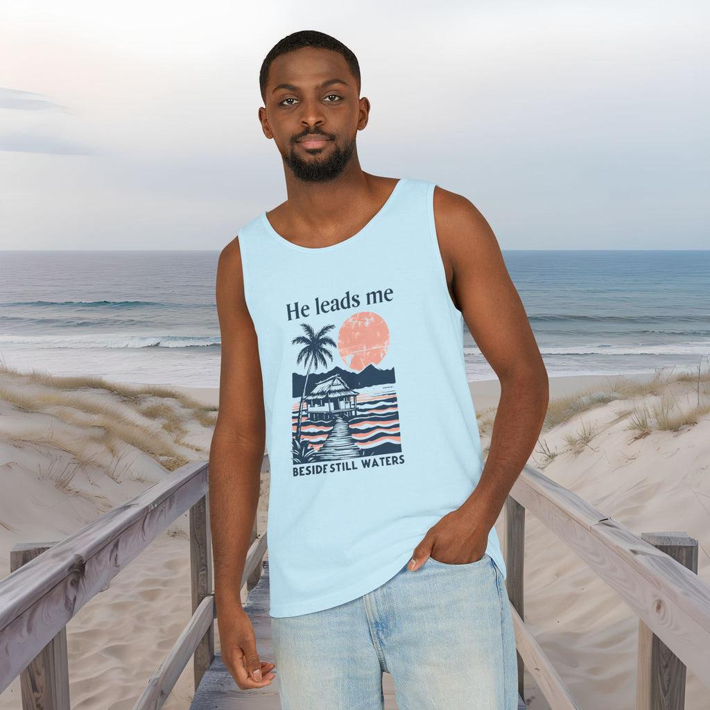 He Leads Me Beside Still Water Unisex Comfort Colors Tank Top | Psalms 23 | Christian Gift