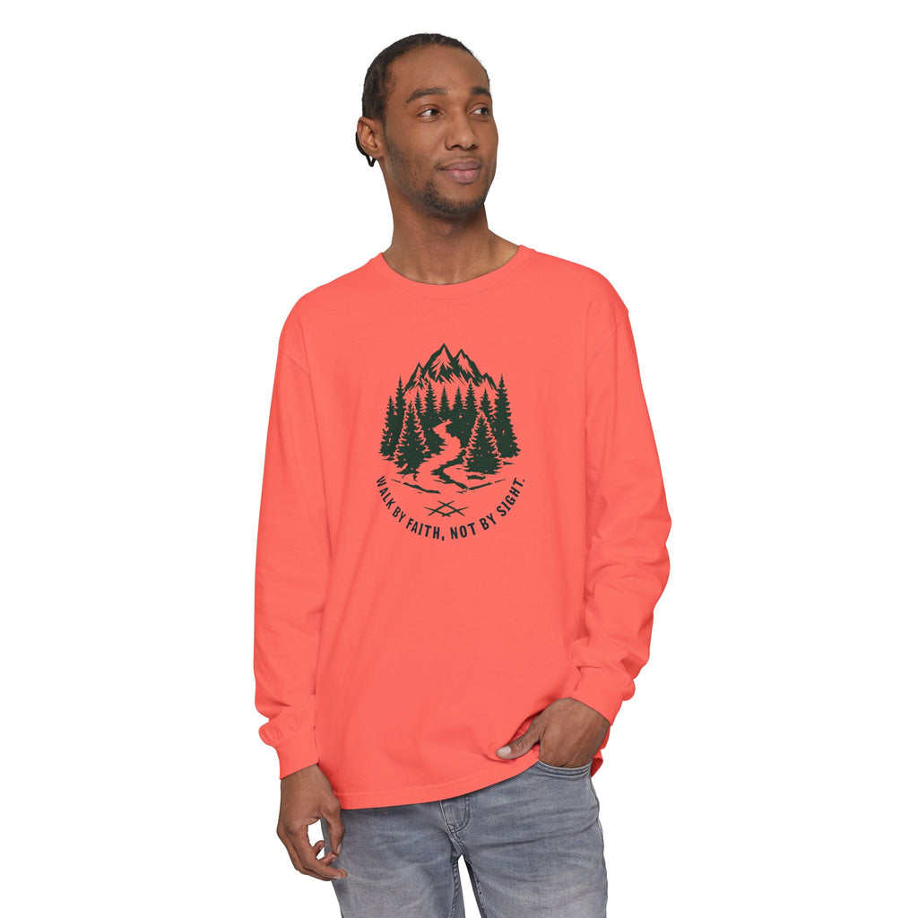 Walk by Faith, Not By Sight Comfort Colors Unisex Long Sleeve Shirt | Faith Mountain Graphic Tee | Garment Dyed Cotton