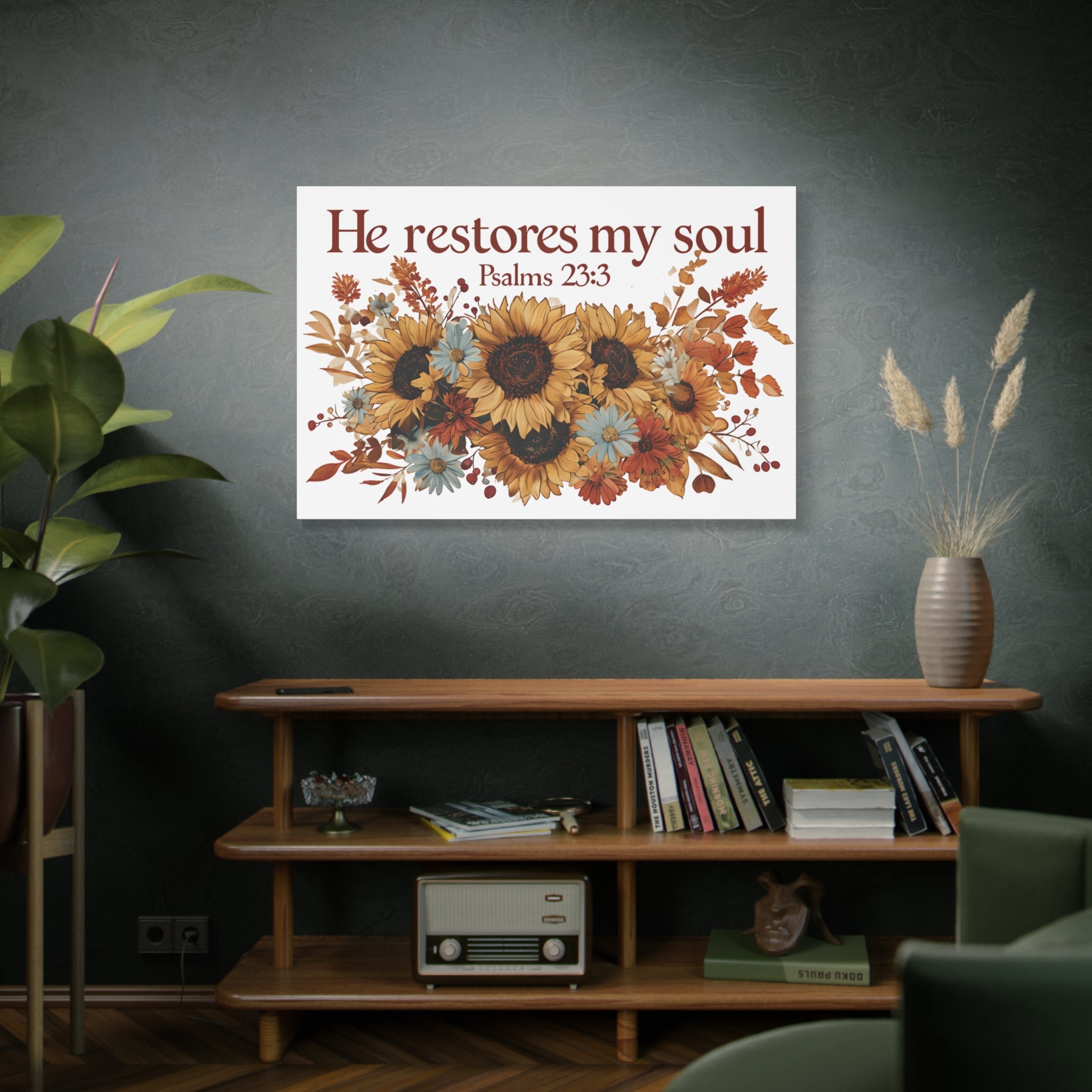 Psalm 23:3 Canvas Wall Art | Christian Sunflower Home Decor | Faith Gift