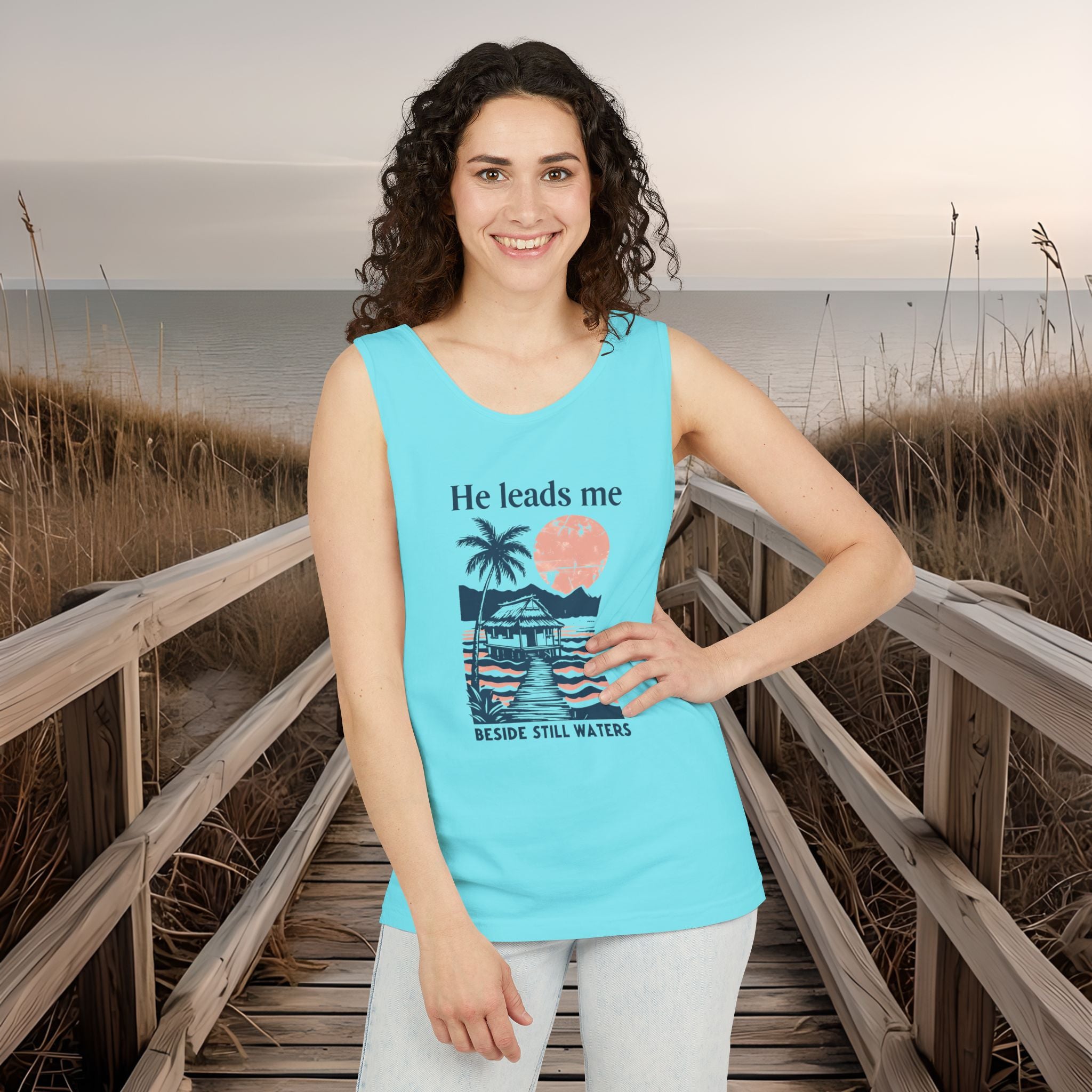He Leads Me Beside Still Water Unisex Comfort Colors Tank Top | Psalms 23 | Christian Gift