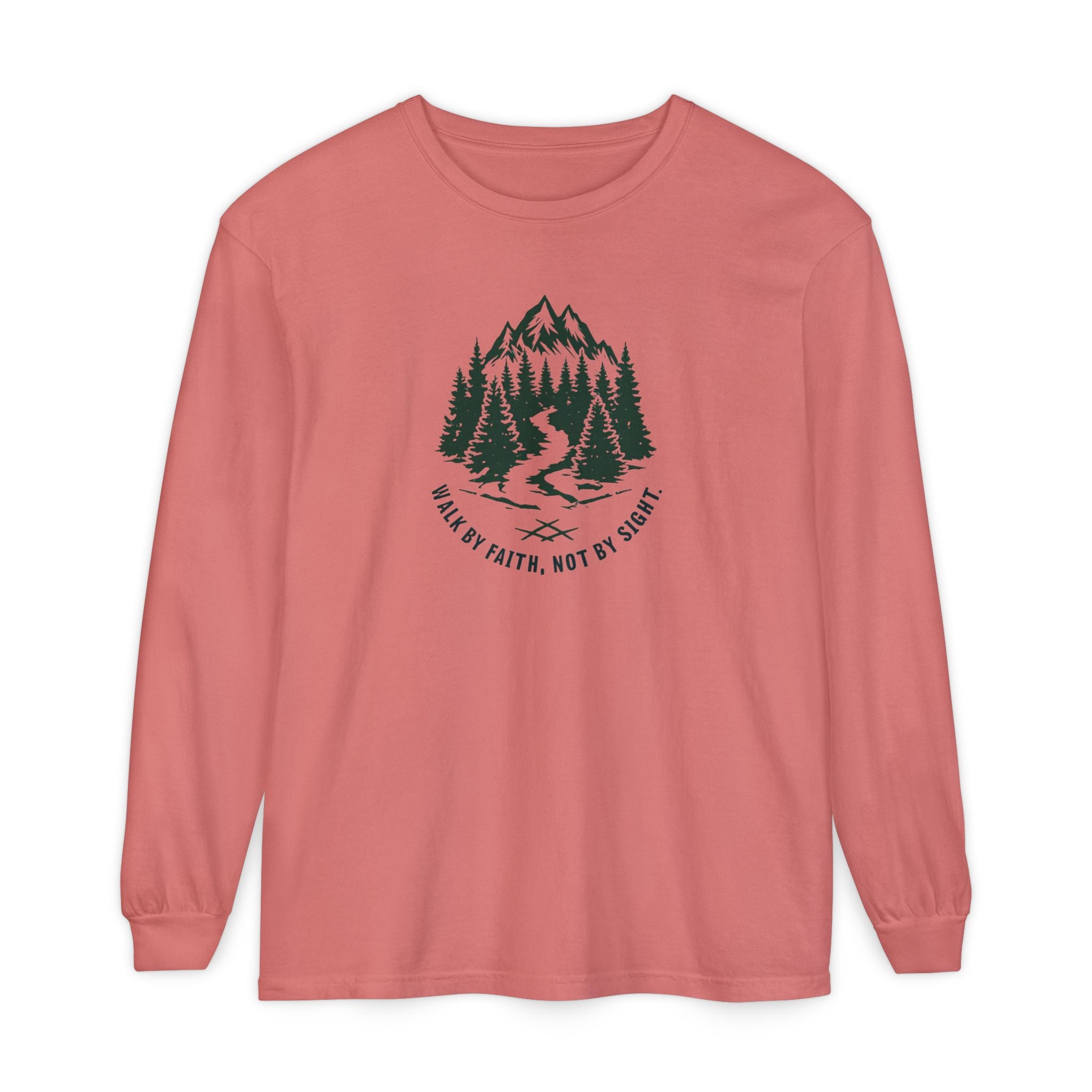 Walk by Faith, Not By Sight Comfort Colors Unisex Long Sleeve Shirt | Faith Mountain Graphic Tee | Garment Dyed Cotton