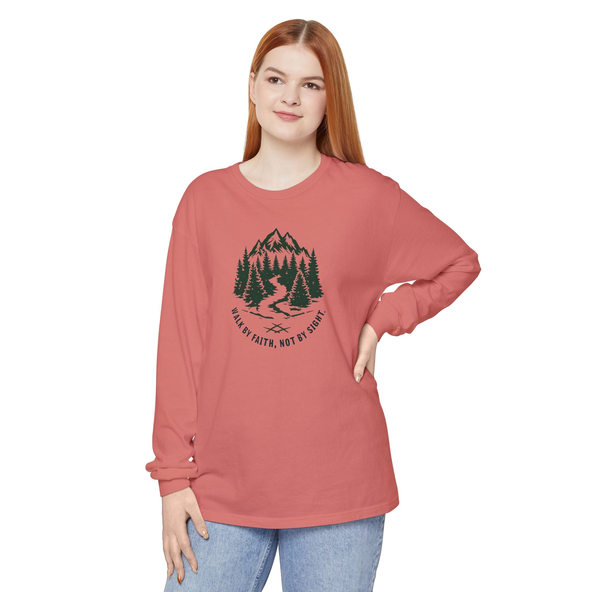 Walk by Faith, Not By Sight Comfort Colors Unisex Long Sleeve Shirt | Faith Mountain Graphic Tee | Garment Dyed Cotton