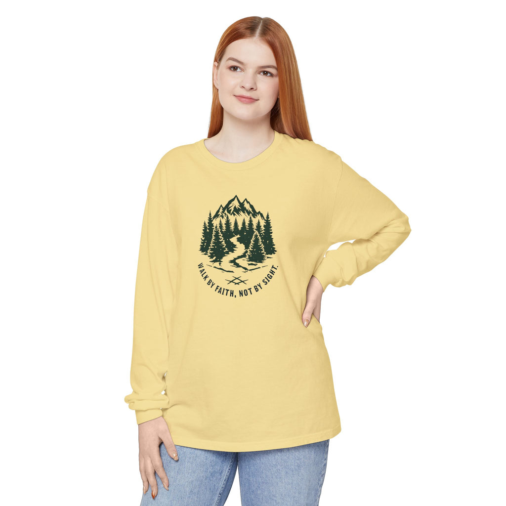 Walk by Faith, Not By Sight Comfort Colors Unisex Long Sleeve Shirt | Faith Mountain Graphic Tee | Garment Dyed Cotton