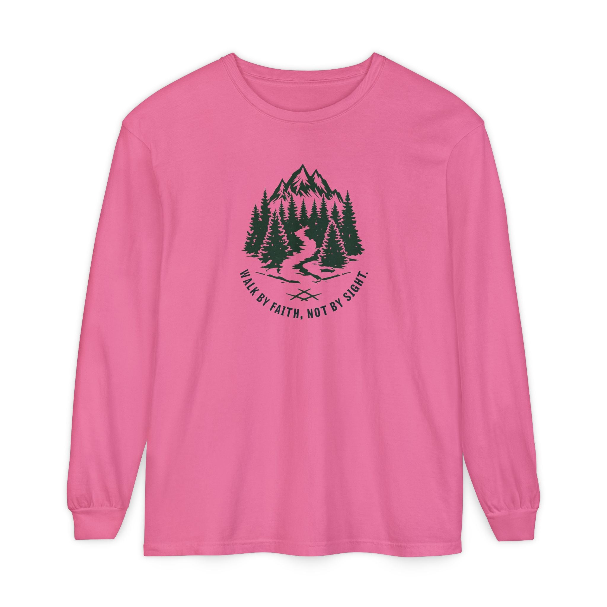 Walk by Faith, Not By Sight Comfort Colors Unisex Long Sleeve Shirt | Faith Mountain Graphic Tee | Garment Dyed Cotton