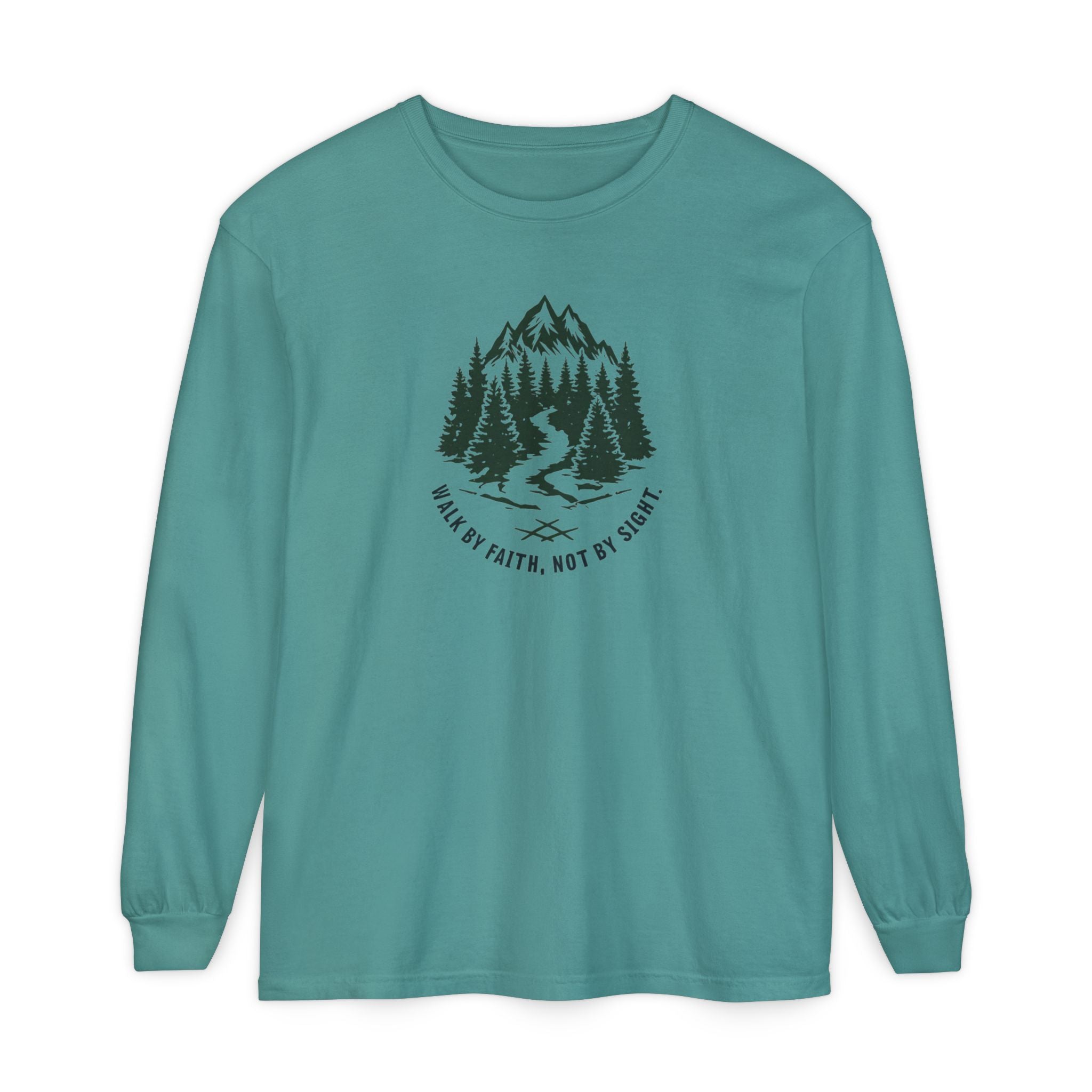 Walk by Faith, Not By Sight Comfort Colors Unisex Long Sleeve Shirt | Faith Mountain Graphic Tee | Garment Dyed Cotton