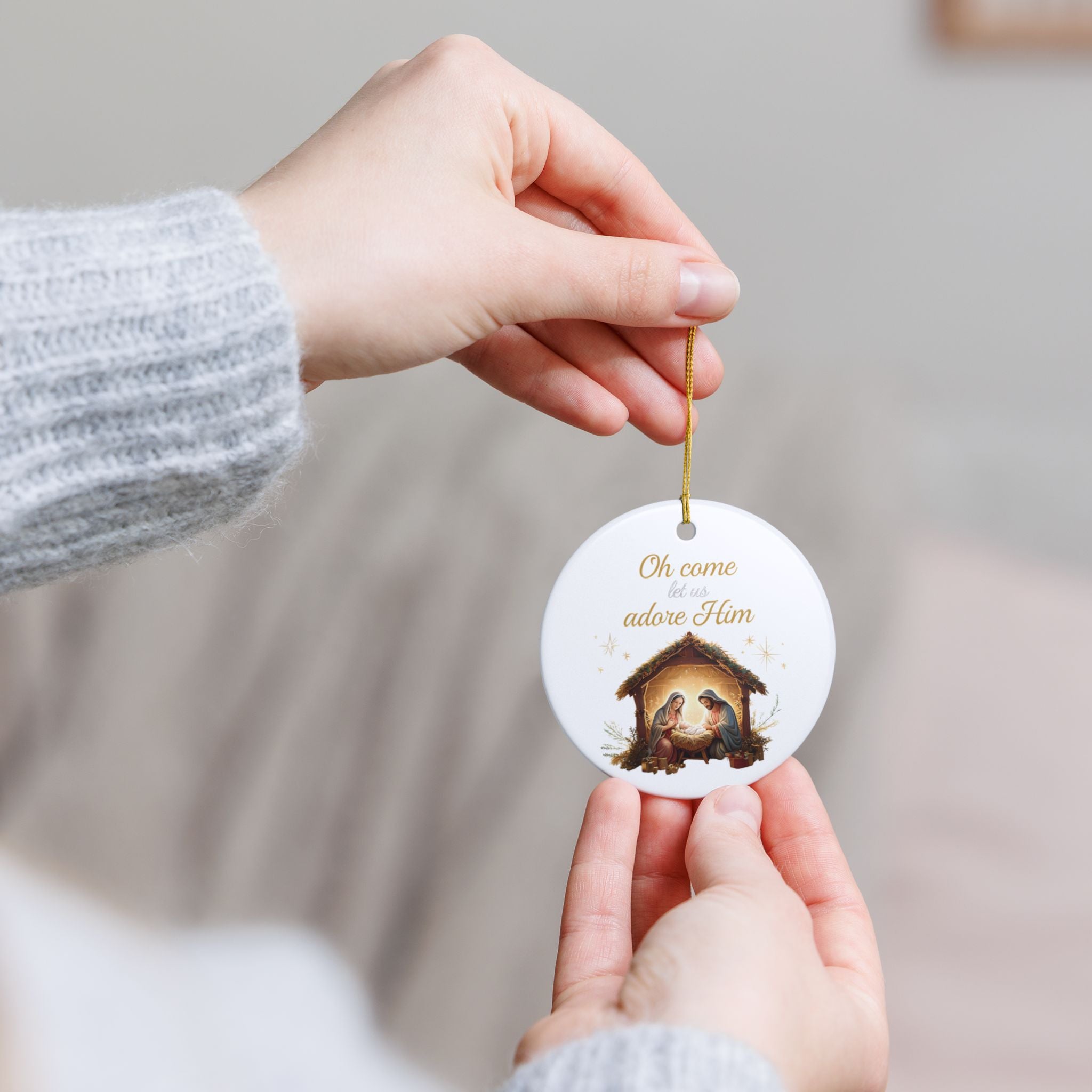 Oh Come Let Us Adore Him Christmas Ornament | Ceramic Holiday Decor Gift | Stocking Stuffer