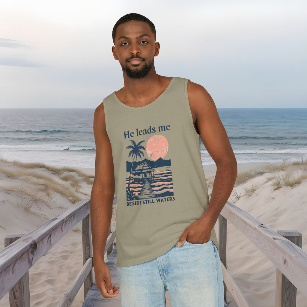 He Leads Me Beside Still Water Unisex Comfort Colors Tank Top | Psalms 23 | Christian Gift