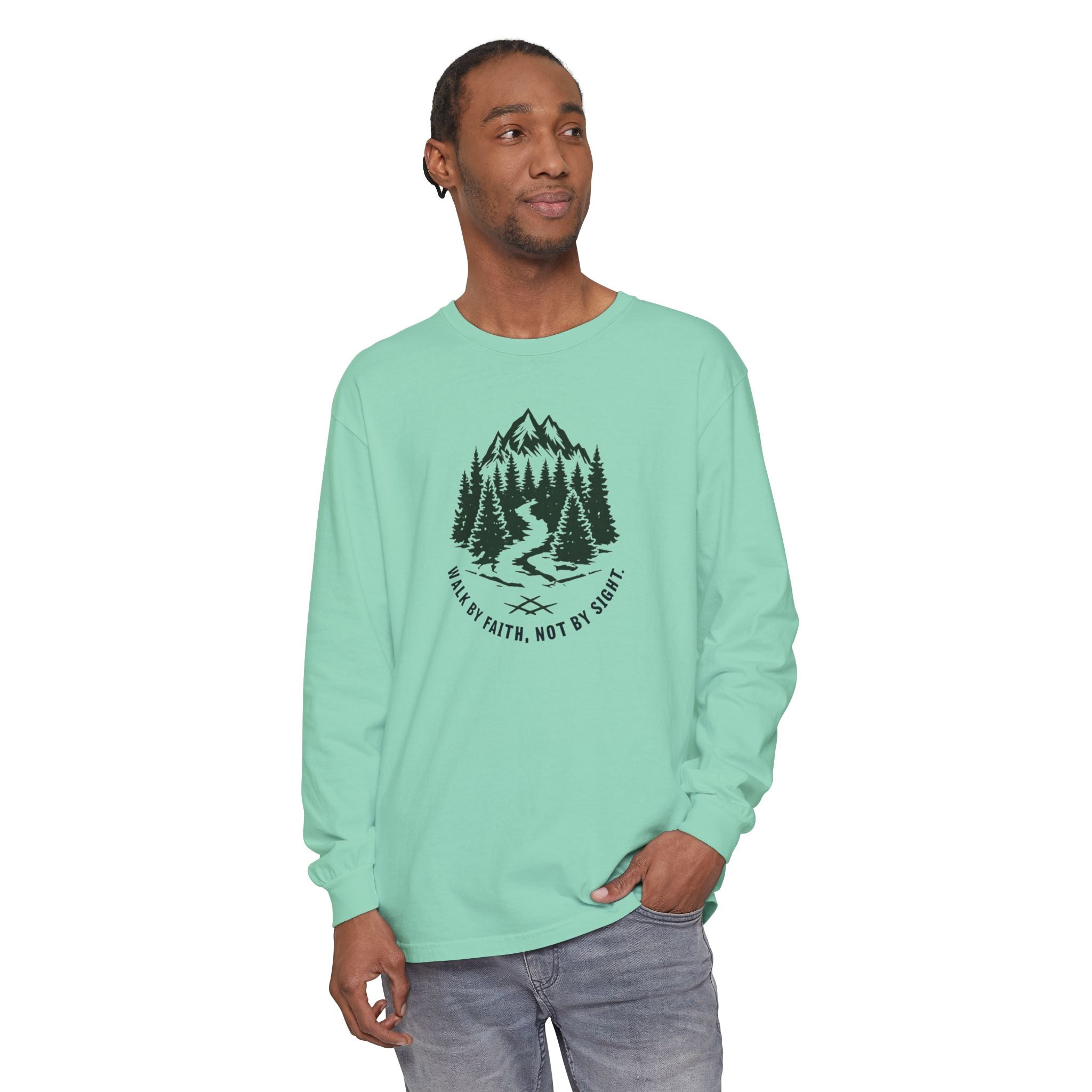 Walk by Faith, Not By Sight Comfort Colors Unisex Long Sleeve Shirt | Faith Mountain Graphic Tee | Garment Dyed Cotton