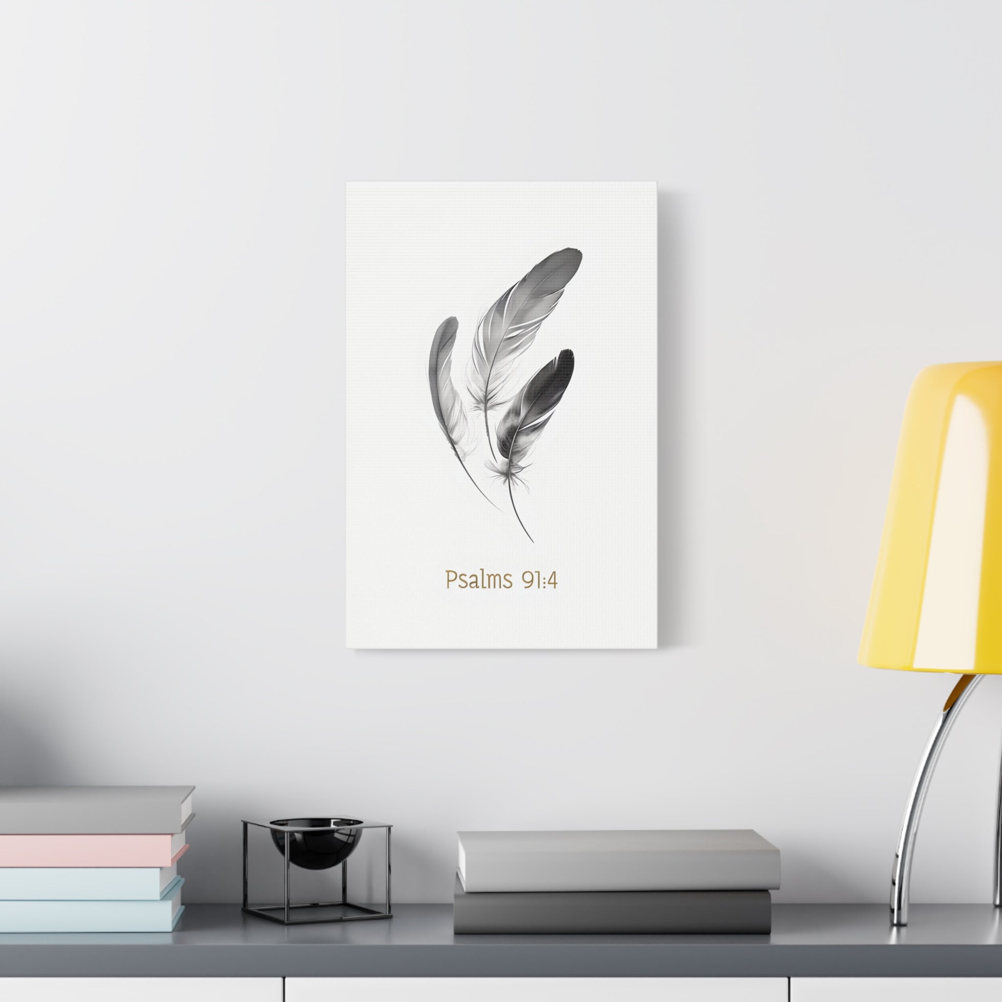 Psalm 91:4 Feather Canvas Wall Art – Christian Scripture Home Decor – Bible Verse Matte Canvas Print