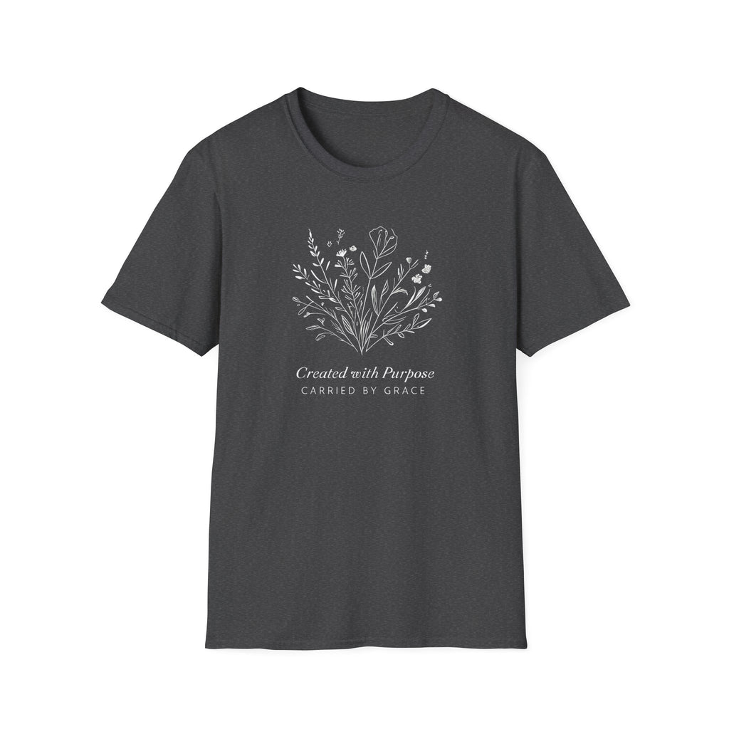 Created with Purpose Carried By Grace Christian Floral Gildan T-Shirt Women’s Faith Shirt Minimalist Design Soft Cotton Tee