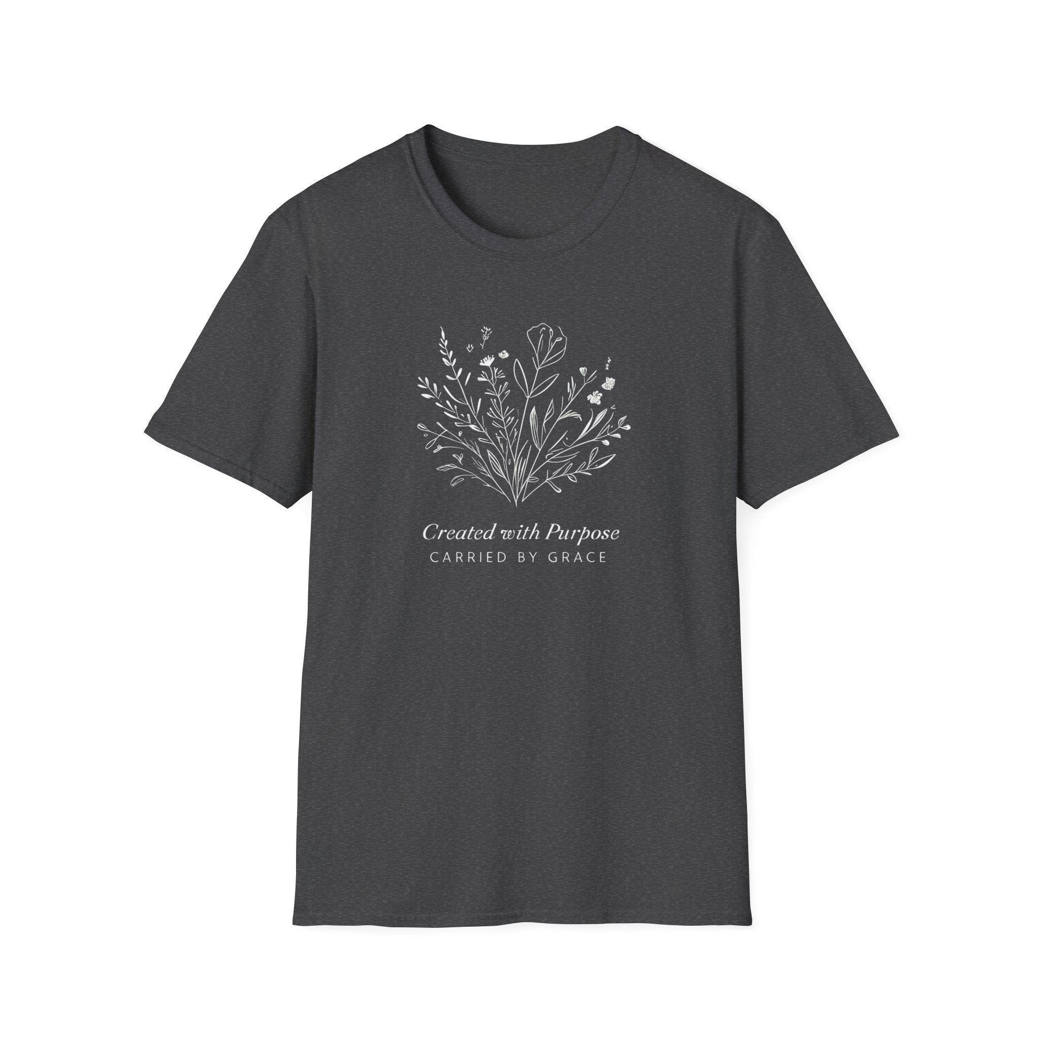 Created with Purpose Carried By Grace Christian Floral Gildan T-Shirt Women’s Faith Shirt Minimalist Design Soft Cotton Tee