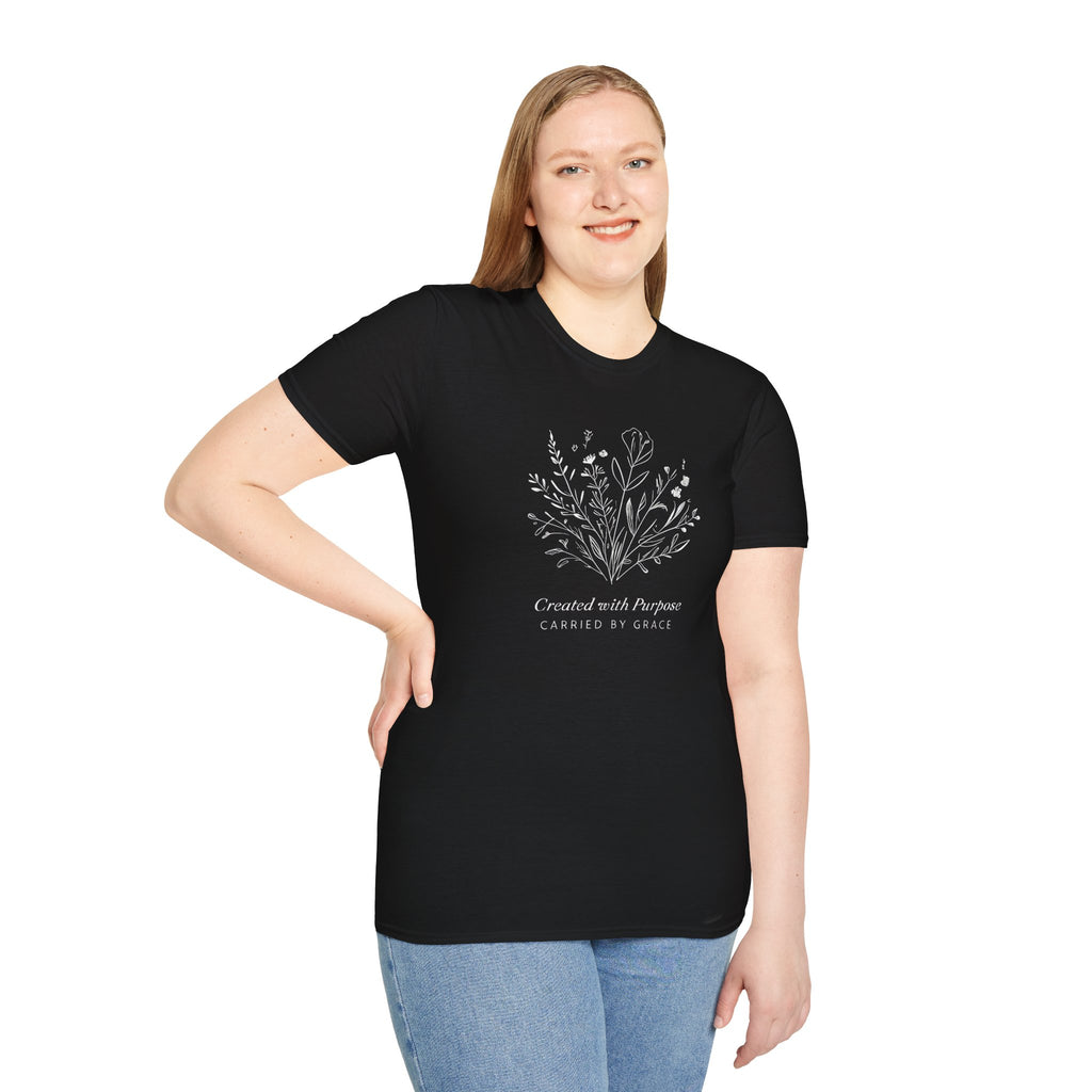 Created with Purpose Carried By Grace Christian Floral Gildan T-Shirt Women’s Faith Shirt Minimalist Design Soft Cotton Tee