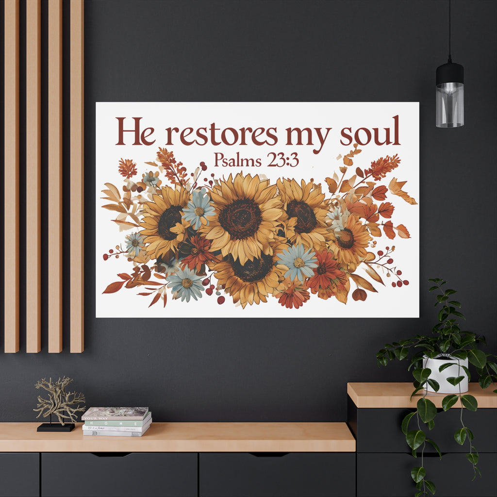 Psalm 23:3 Canvas Wall Art | Christian Sunflower Home Decor | Faith Gift