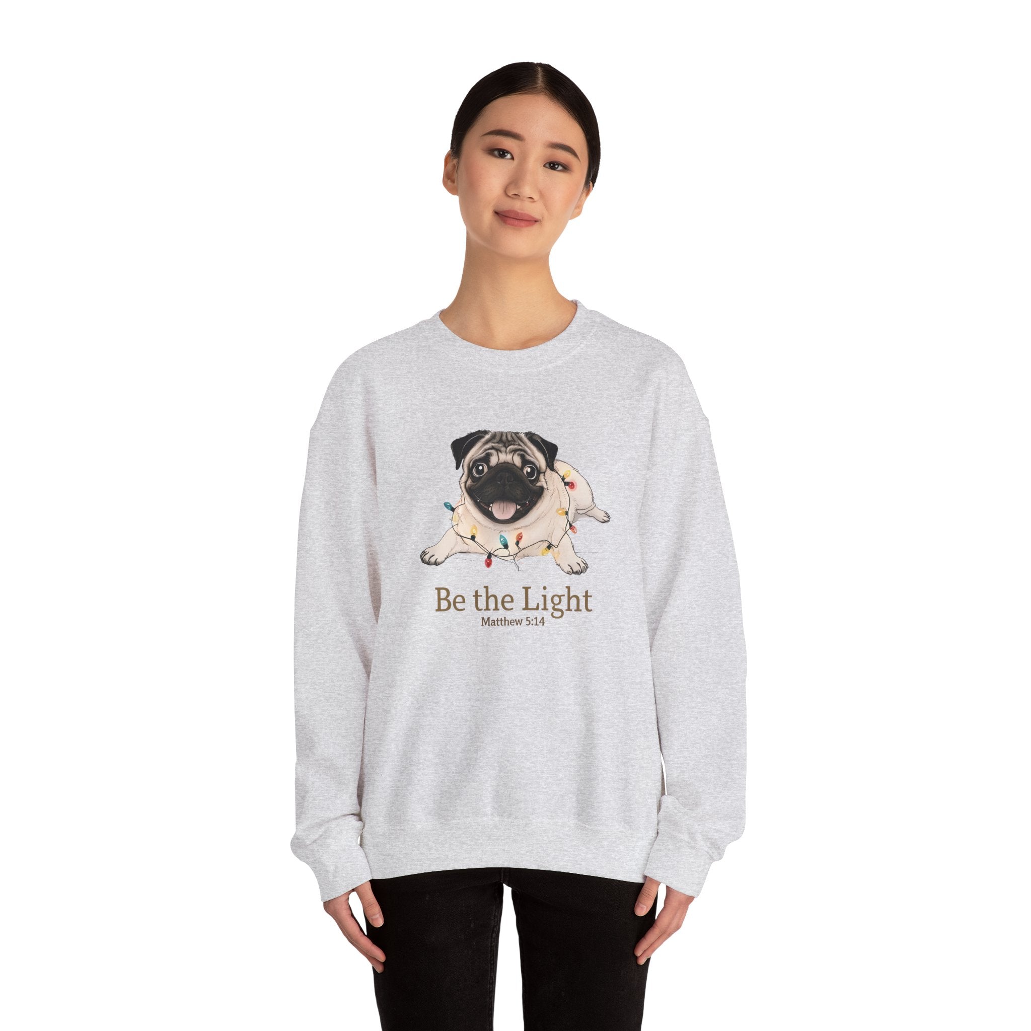 Be the Light Christmas Pug Unisex Gildan Sweatshirt | Christian Crewneck Holiday Gift