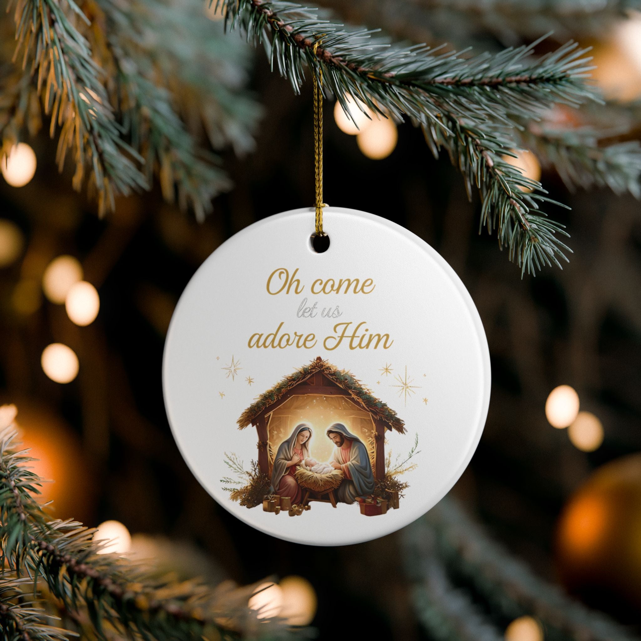 Oh Come Let Us Adore Him Christmas Ornament | Ceramic Holiday Decor Gift | Stocking Stuffer