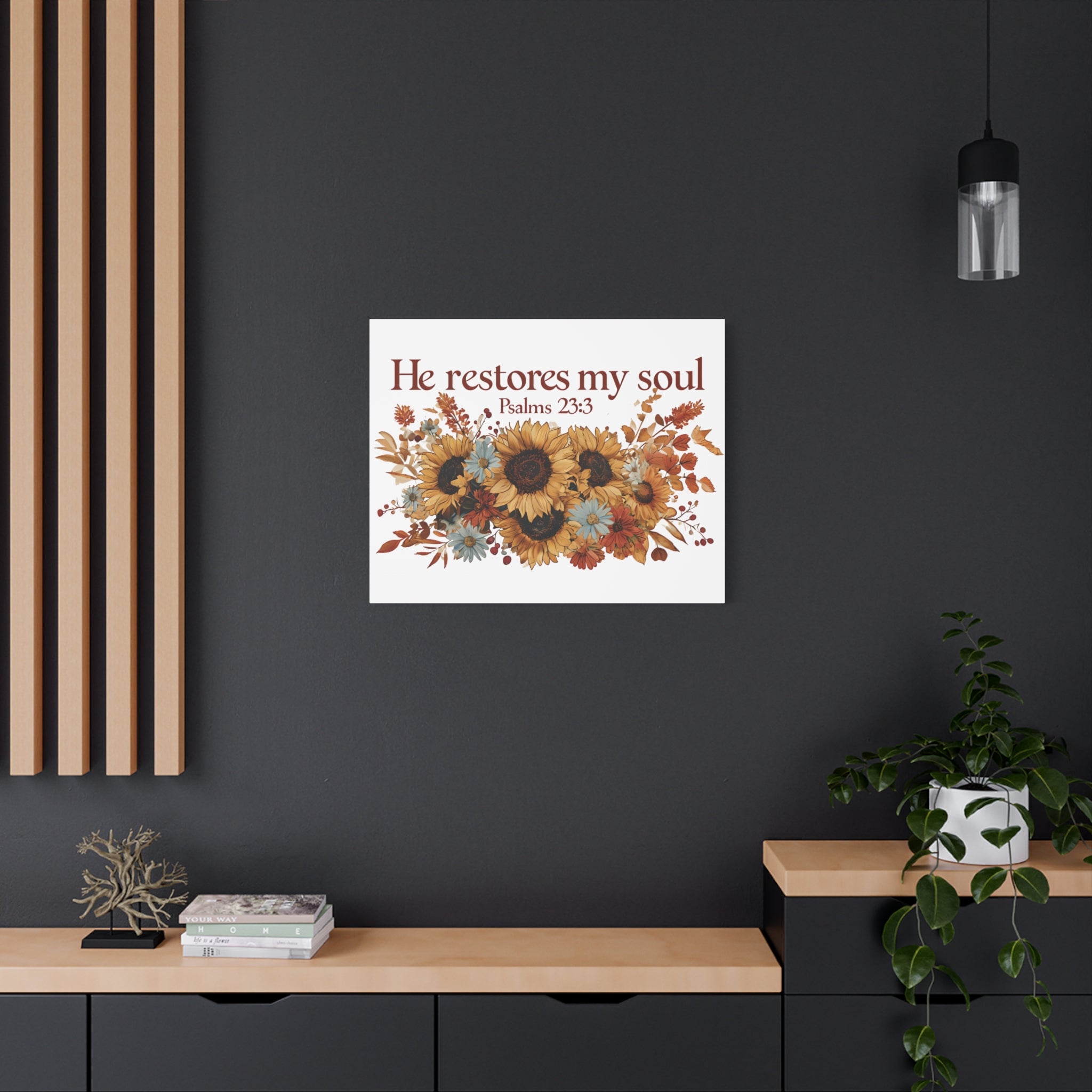 Psalm 23:3 Canvas Wall Art | Christian Sunflower Home Decor | Faith Gift