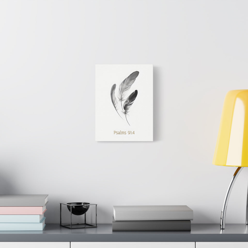 Psalm 91:4 Feather Canvas Wall Art – Christian Scripture Home Decor – Bible Verse Matte Canvas Print