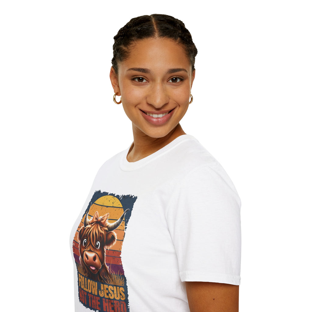 Follow Jesus Not The Herd Gildan Softstyle Unisex Tshirt | Highland Cow Christian Graphic T Shirt
