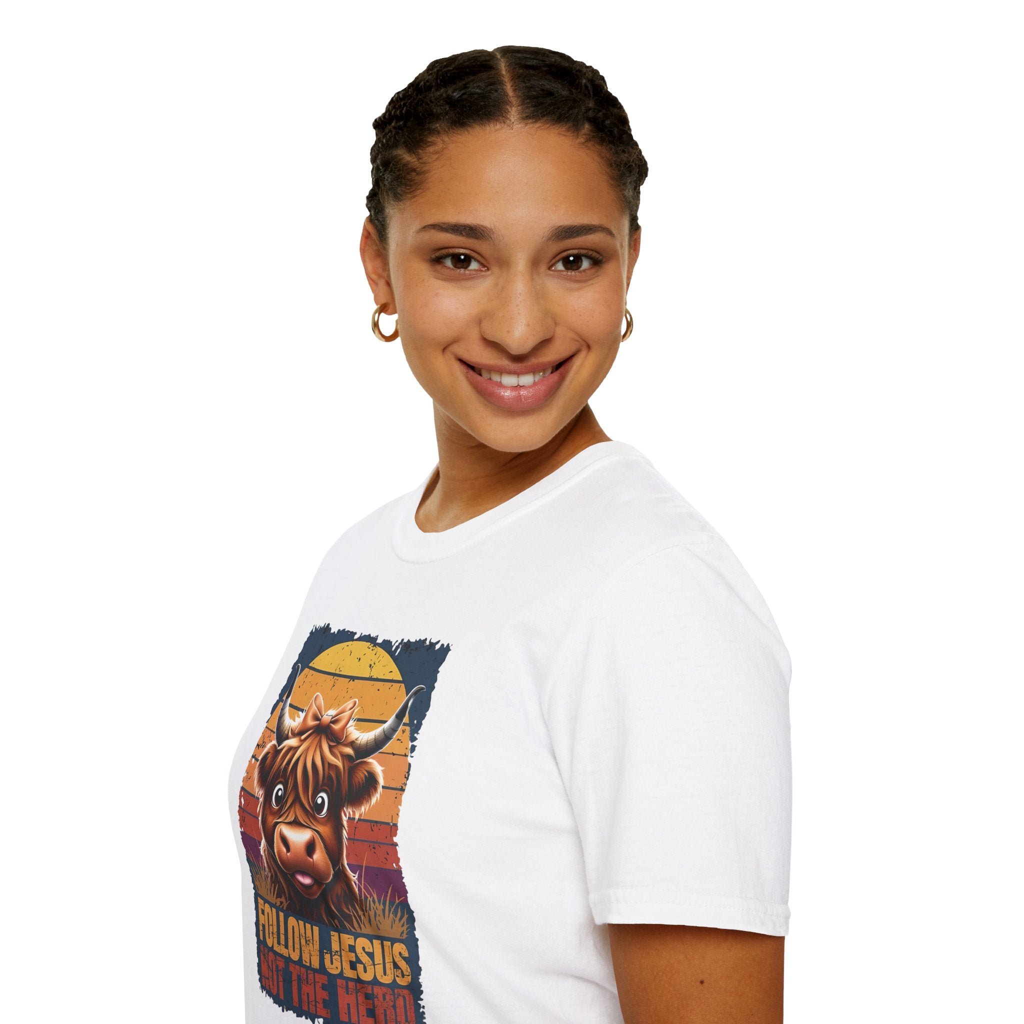 Follow Jesus Not The Herd Gildan Softstyle Unisex Tshirt | Highland Cow Christian Graphic T Shirt