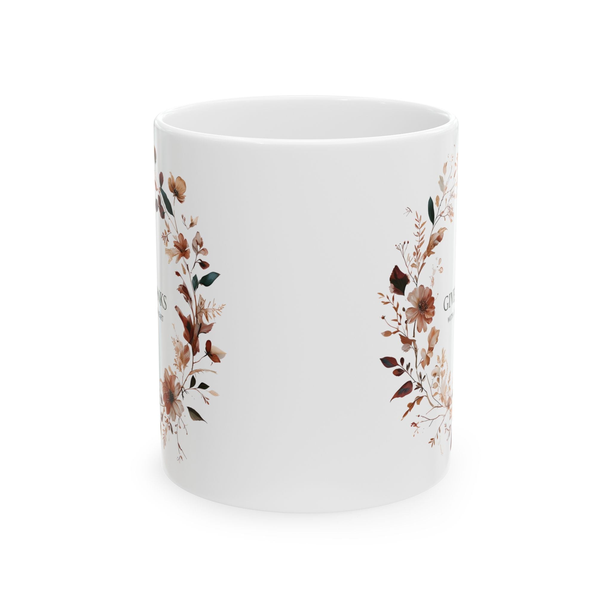 Give Thanks Floral Wreath Ceramic Mug | 11oz & 15oz | Cozy Coffee Cup, Gift for Her, Inspirational Tea Mug, Perfect for Birthdays & Anniversaries