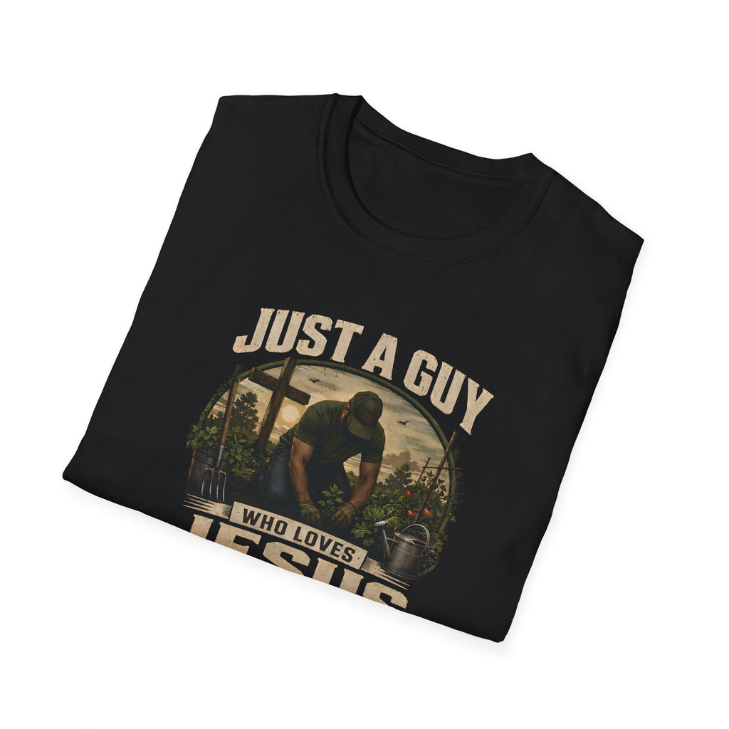Just A Guy Who Loves Jesus And Gardening Gildan Christian T-Shirt for Men | Faith Based Gardening Shirt | Gardener Gift Tee