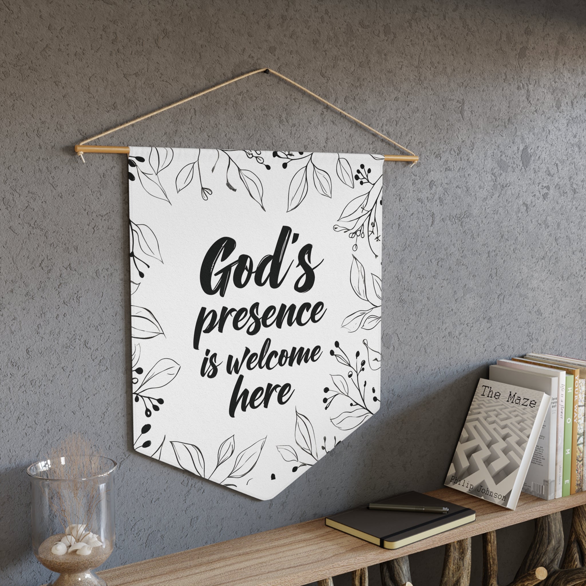 God's Presence Is Welcome Here Christian pennant wall art — floral faith home decor — gift for women