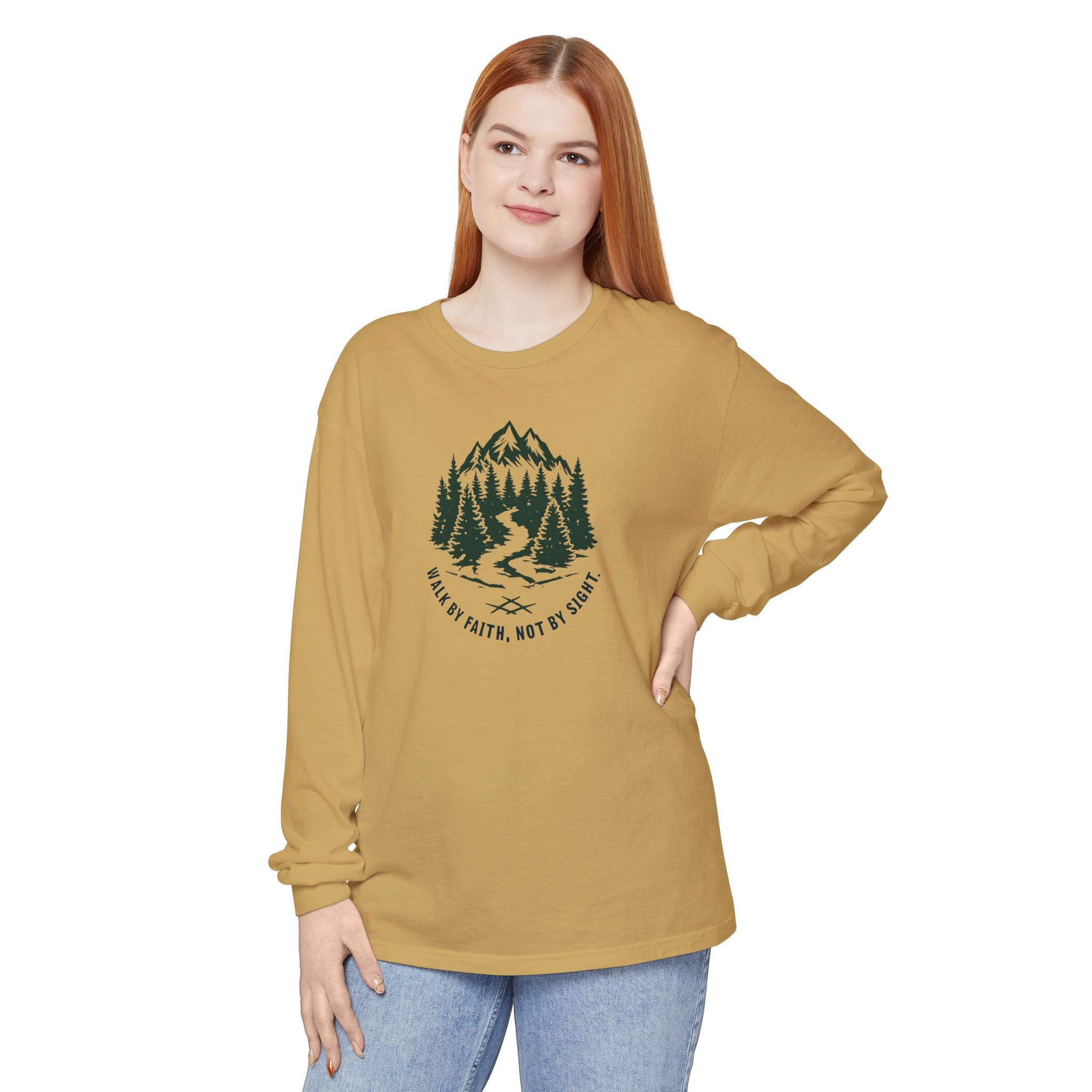 Walk by Faith, Not By Sight Comfort Colors Unisex Long Sleeve Shirt | Faith Mountain Graphic Tee | Garment Dyed Cotton