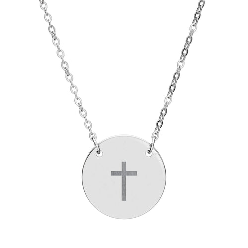 Cross Christian Necklace | Engraved Stainless Steel Circle Pendant