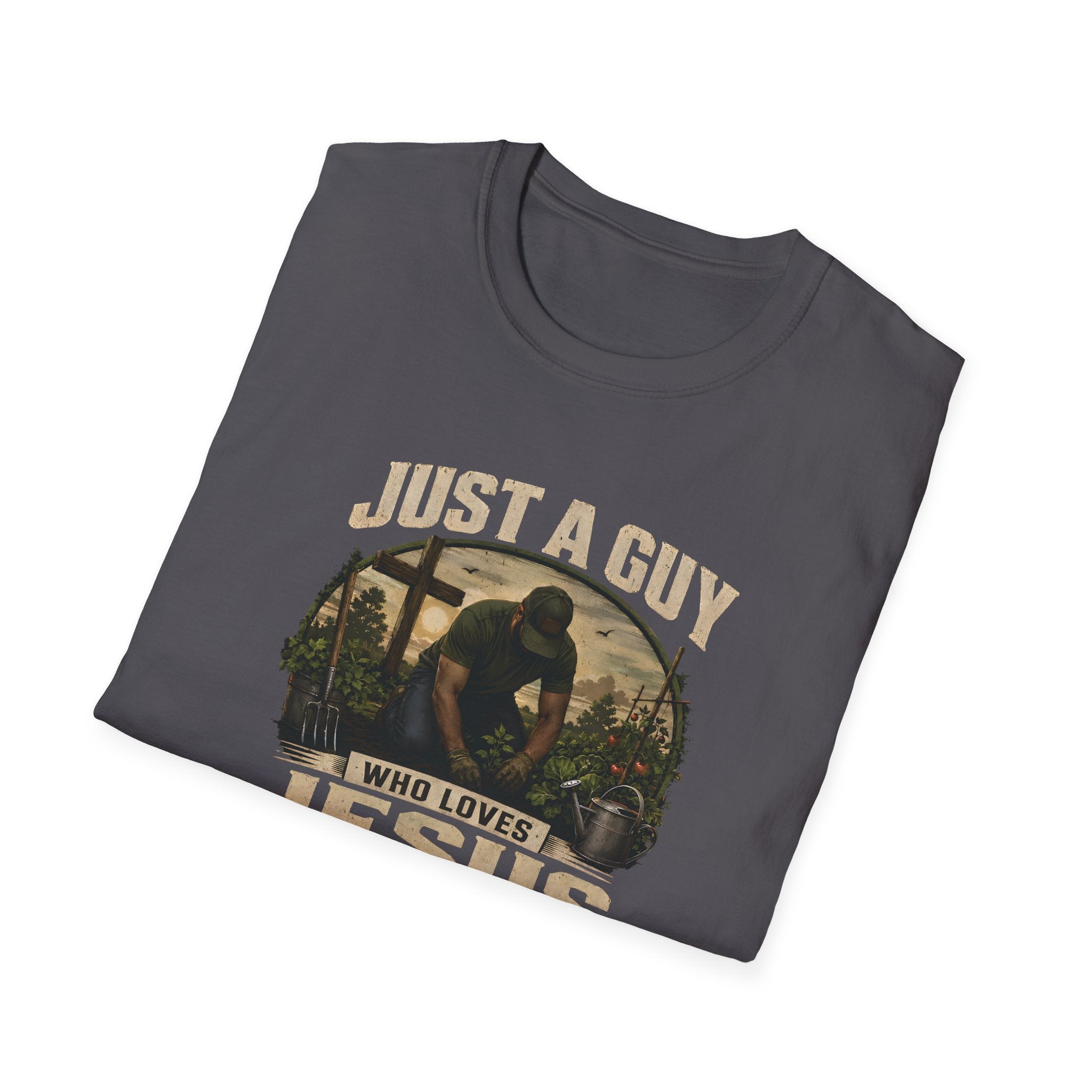 Just A Guy Who Loves Jesus And Gardening Gildan Christian T-Shirt for Men | Faith Based Gardening Shirt | Gardener Gift Tee