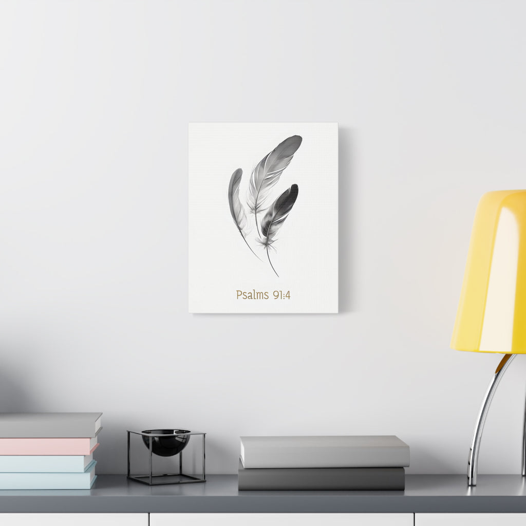 Psalm 91:4 Feather Canvas Wall Art – Christian Scripture Home Decor – Bible Verse Matte Canvas Print