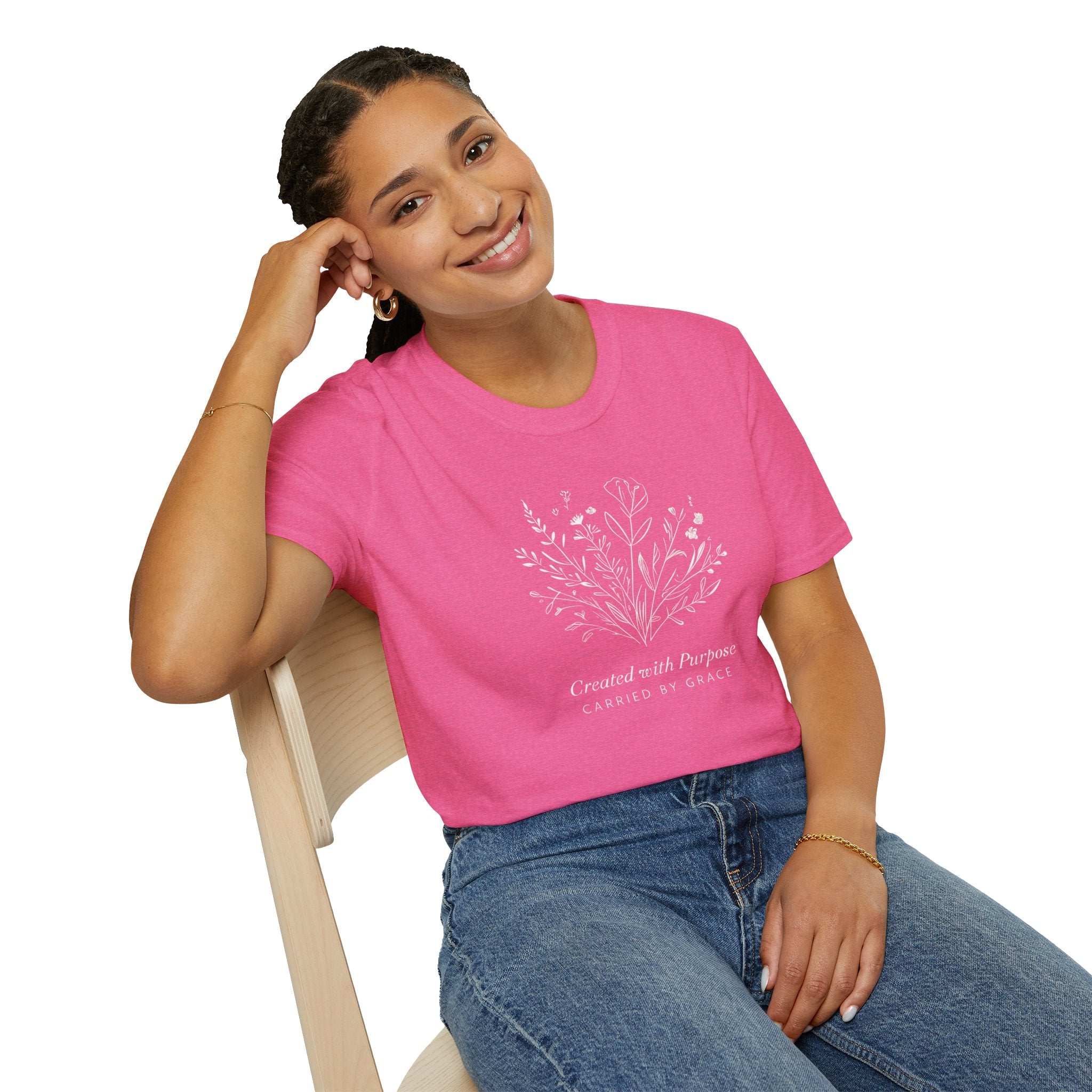 Created with Purpose Carried By Grace Christian Floral Gildan T-Shirt Women’s Faith Shirt Minimalist Design Soft Cotton Tee