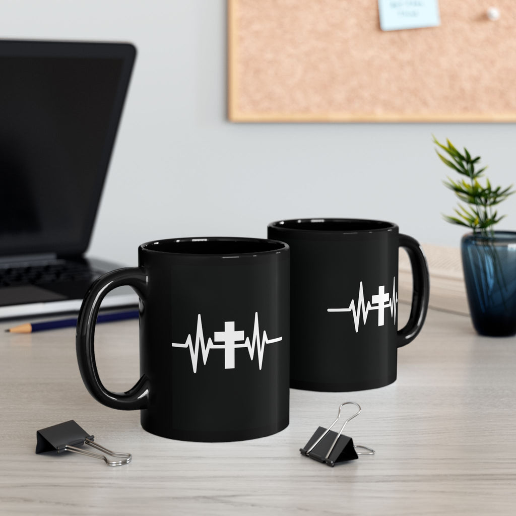 Christian Coffee Mug with Cross and Heartbeat Design – 11 oz - Faith-Based Ceramic Mug Gift | Inspirational Coffee Cup Gift