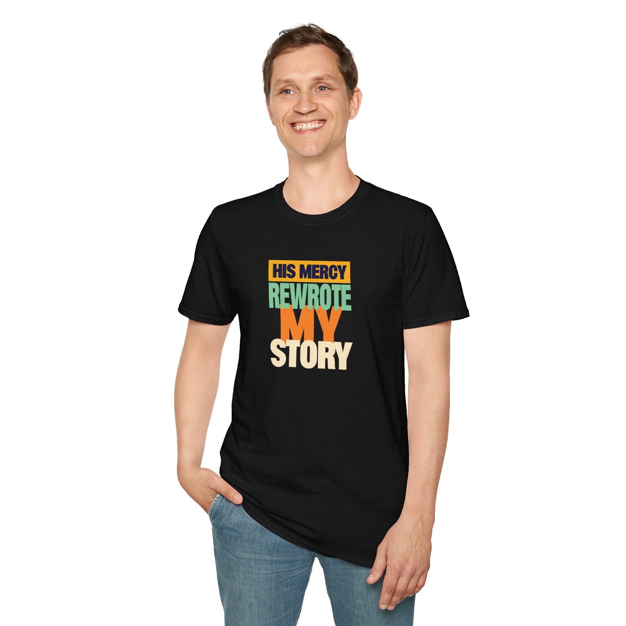 His Mercy Rewrote My Story Christian Gildan T-Shirt Unisex Softstyle Religious Tee Gift
