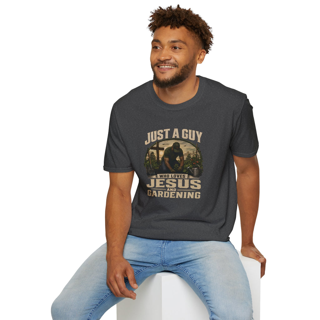 Just A Guy Who Loves Jesus And Gardening Gildan Christian T-Shirt for Men | Faith Based Gardening Shirt | Gardener Gift Tee