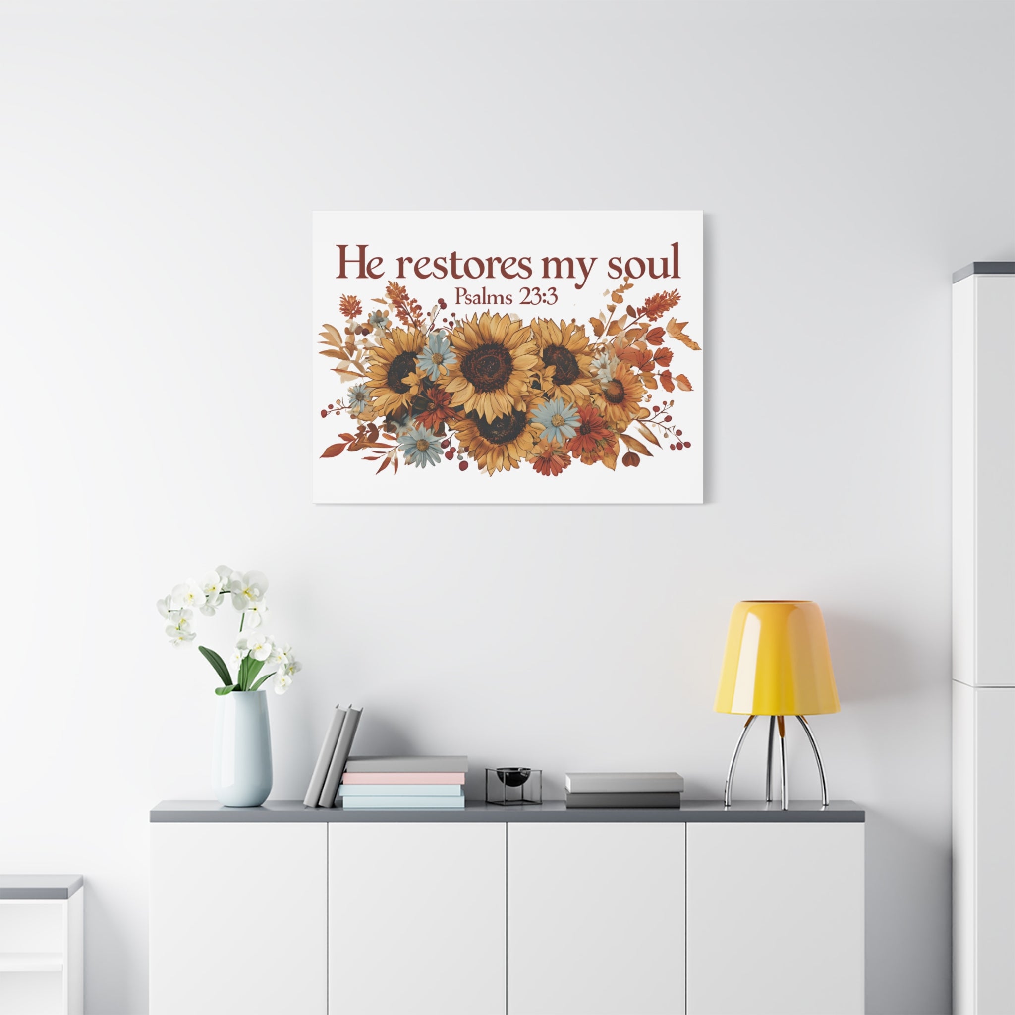 Psalm 23:3 Canvas Wall Art | Christian Sunflower Home Decor | Faith Gift