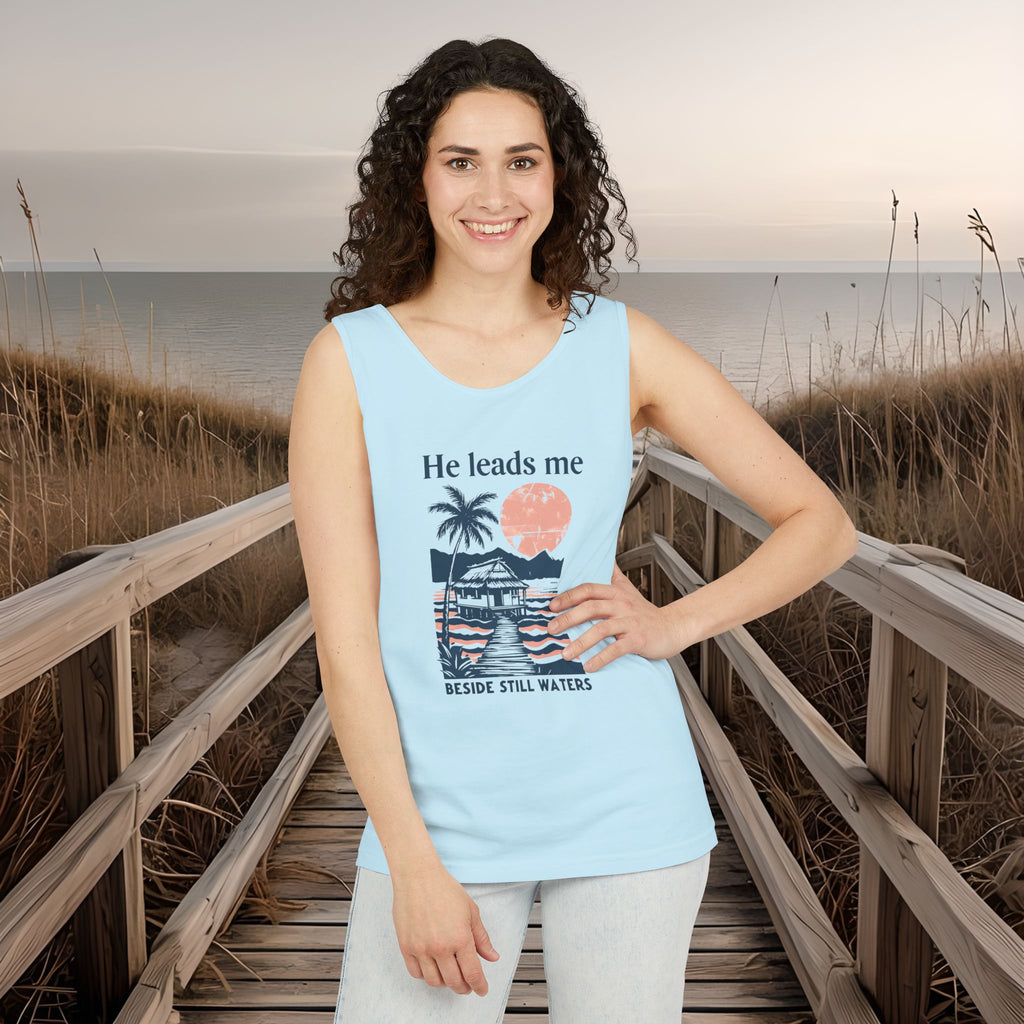 He Leads Me Beside Still Water Unisex Comfort Colors Tank Top | Psalms 23 | Christian Gift