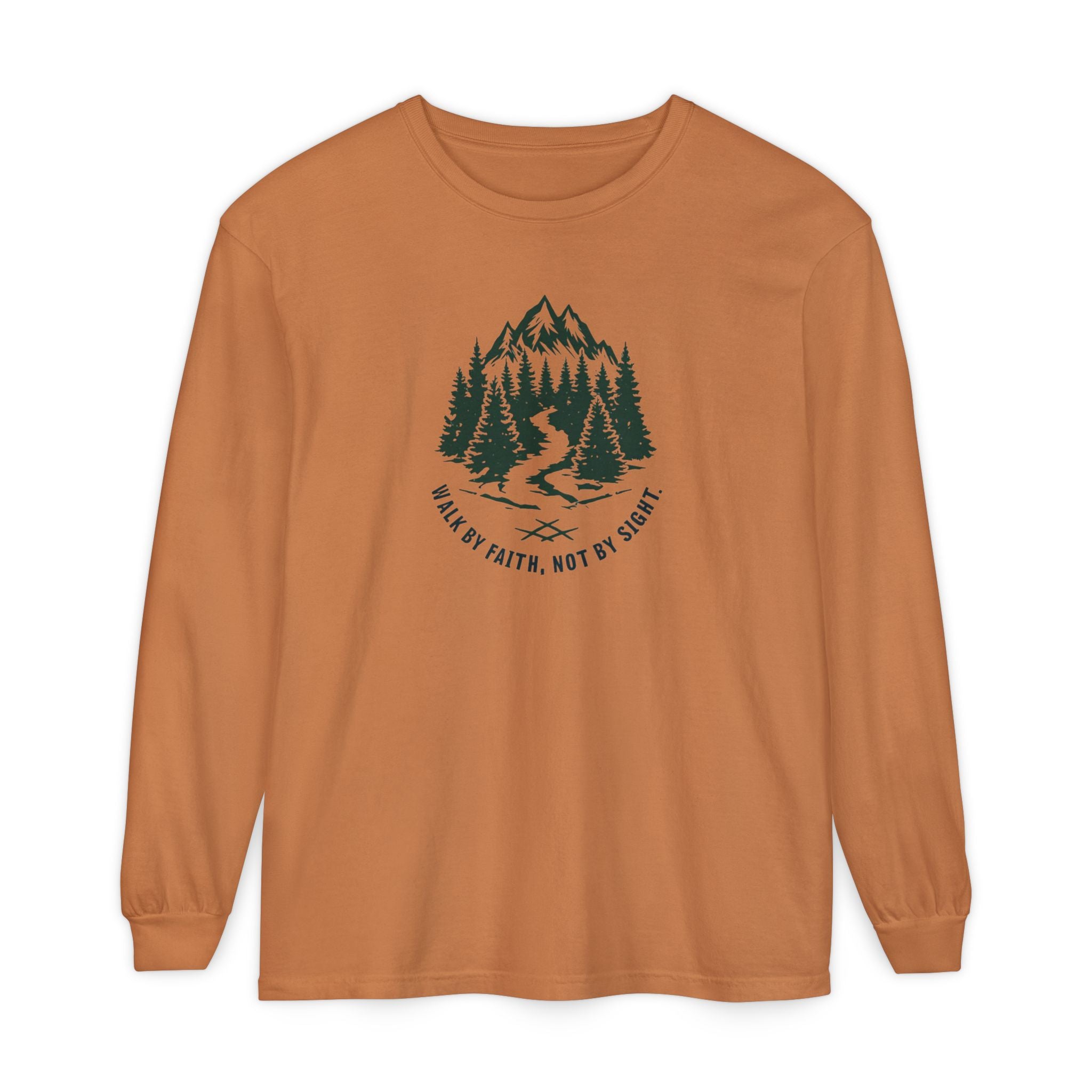 Walk by Faith, Not By Sight Comfort Colors Unisex Long Sleeve Shirt | Faith Mountain Graphic Tee | Garment Dyed Cotton