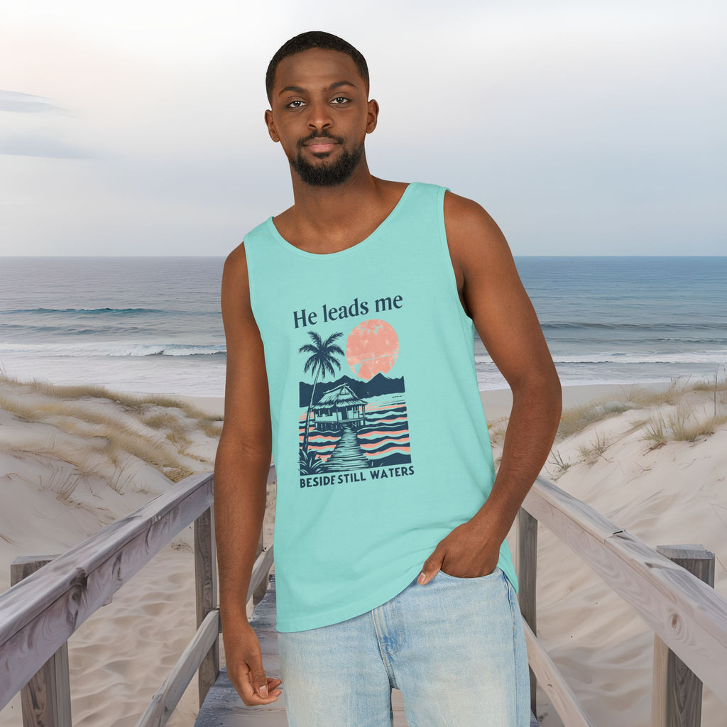 He Leads Me Beside Still Water Unisex Comfort Colors Tank Top | Psalms 23 | Christian Gift