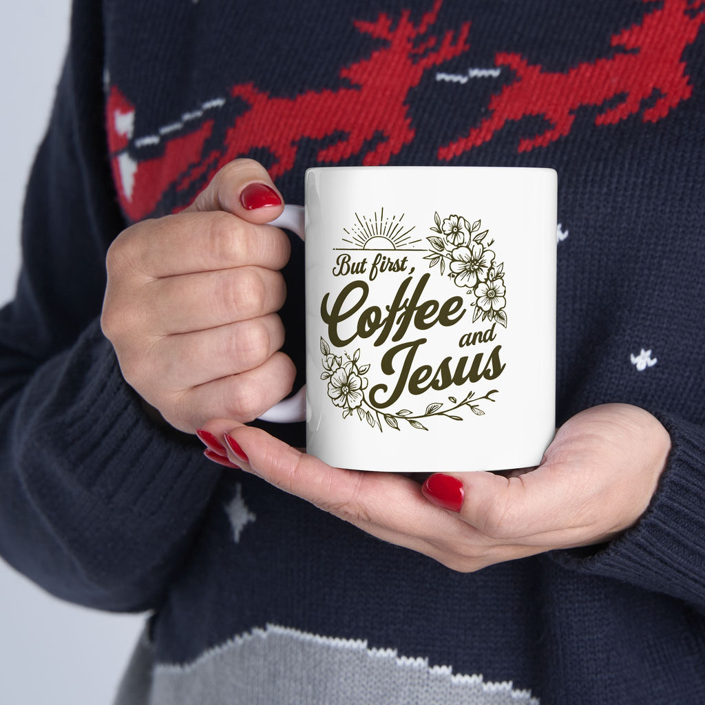 Jesus + Coffee Christian Coffee Mug | Faith Ceramic Mug 11oz & 15oz | Botanical Design Christian Gift