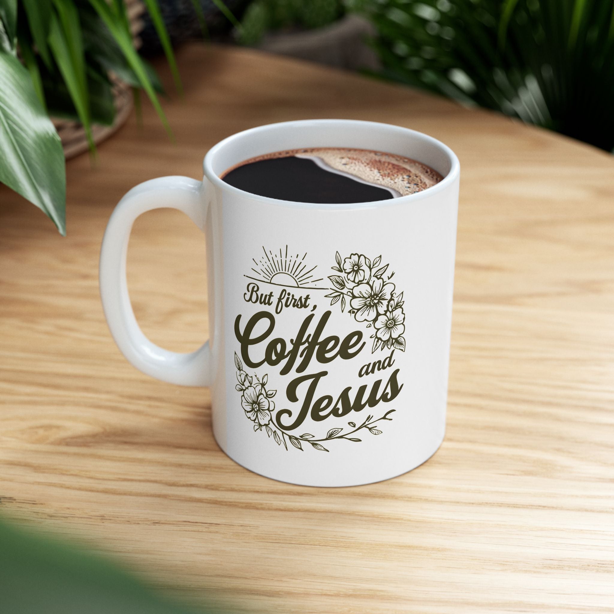 Jesus + Coffee Christian Coffee Mug | Faith Ceramic Mug 11oz & 15oz | Botanical Design Christian Gift